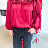 Satin Ruffle Blouse - Merlot-200 Fashion Blouses-JODIFL-July & June Women's Fashion Boutique Located in San Antonio, Texas