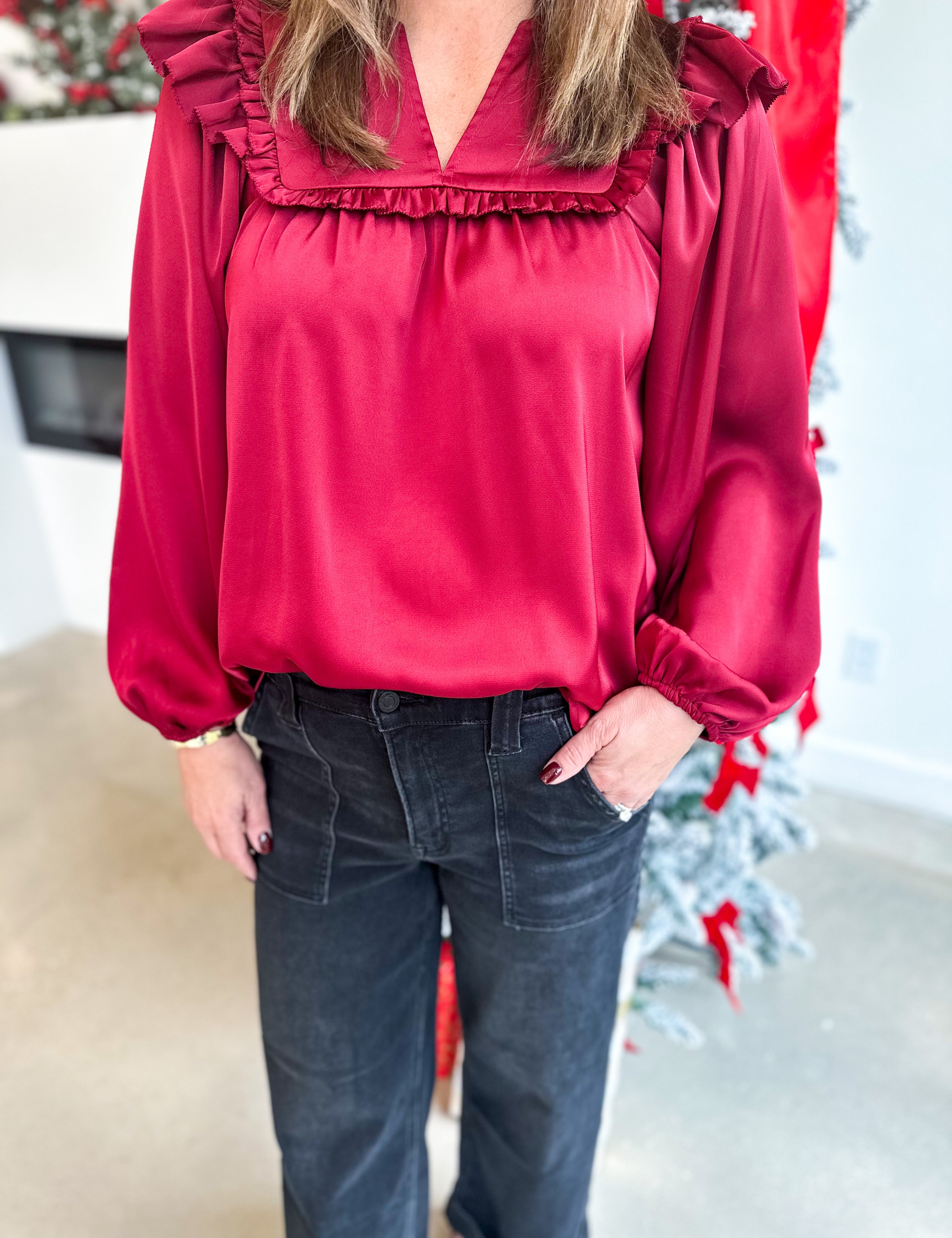 Satin Ruffle Blouse - Merlot-200 Fashion Blouses-JODIFL-July & June Women's Fashion Boutique Located in San Antonio, Texas