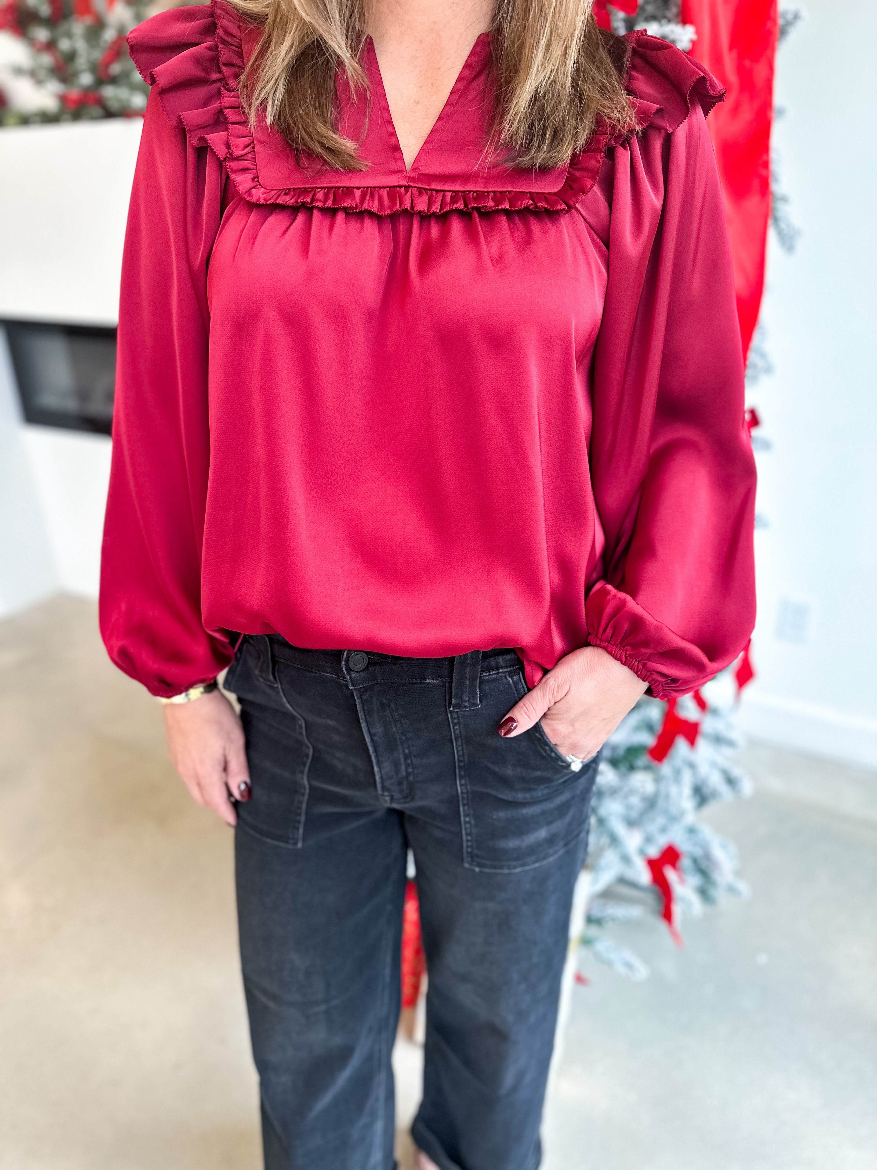 Satin Ruffle Blouse - Merlot-200 Fashion Blouses-JODIFL-July & June Women's Fashion Boutique Located in San Antonio, Texas