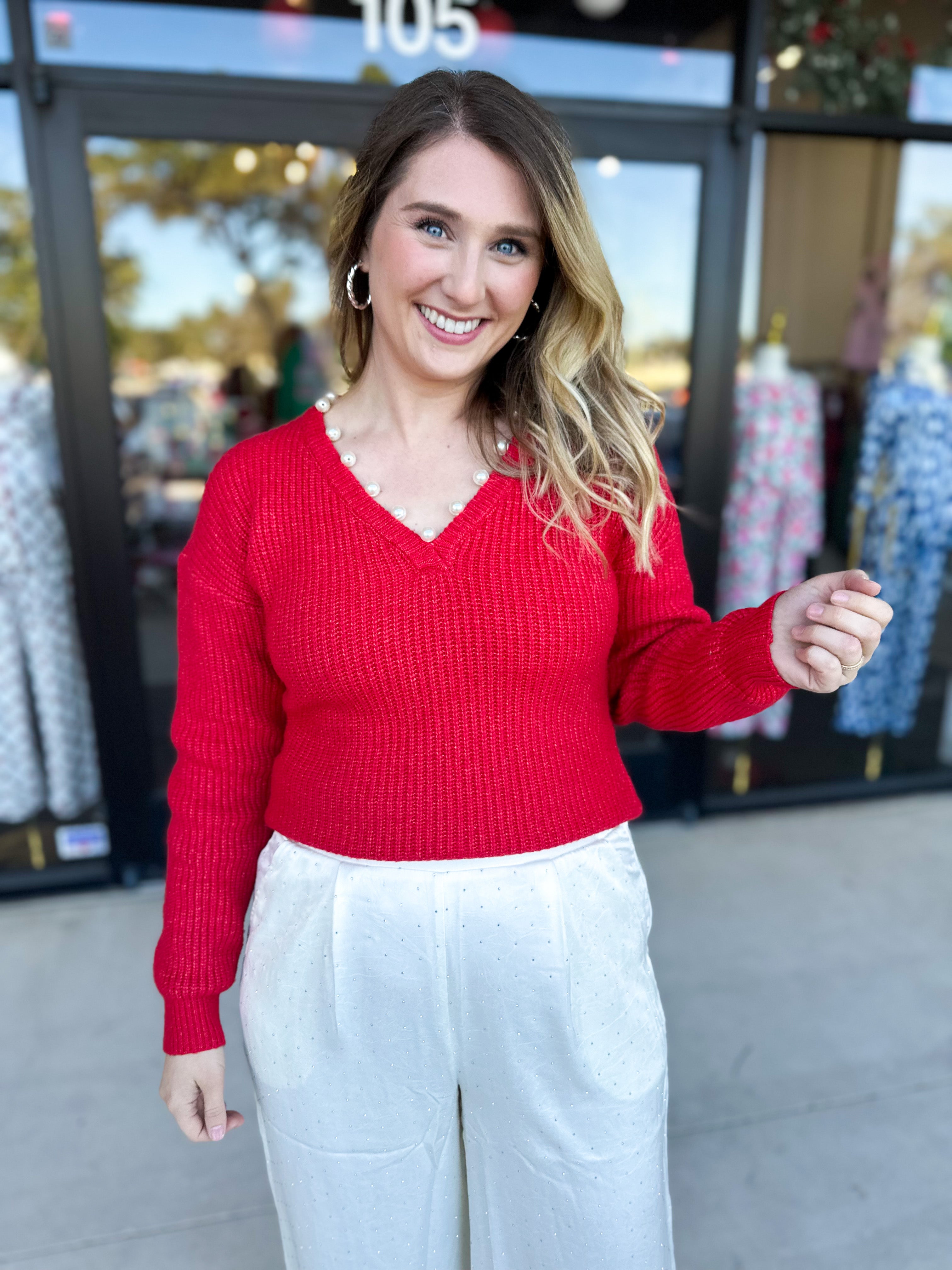 THML - Cherry Pearl Sweater Top-230 Sweaters/Cardis-THML-July & June Women's Fashion Boutique Located in San Antonio, Texas