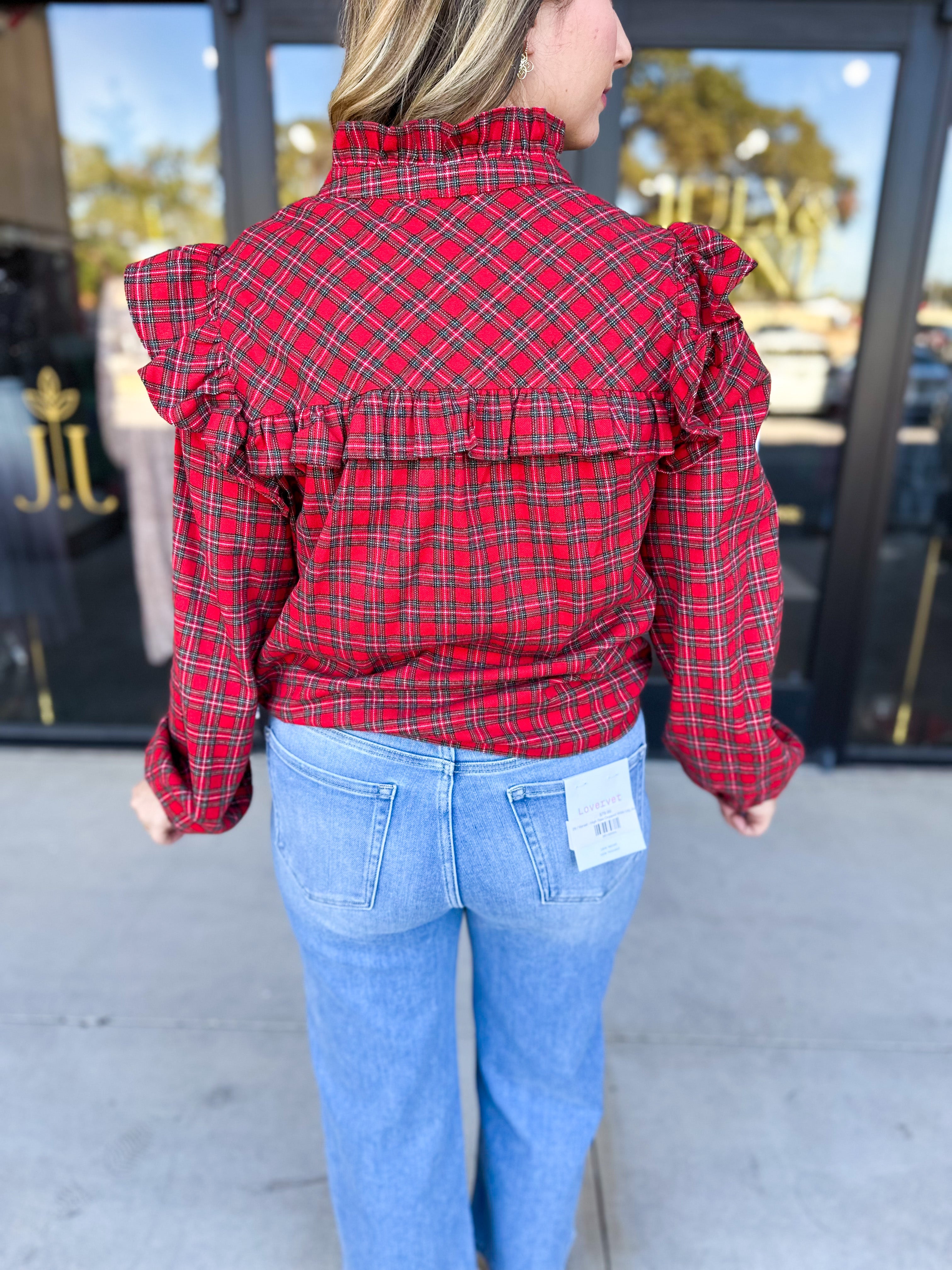 Tartan Ruffle Blouse-200 Fashion Blouses-FATE-July & June Women's Fashion Boutique Located in San Antonio, Texas