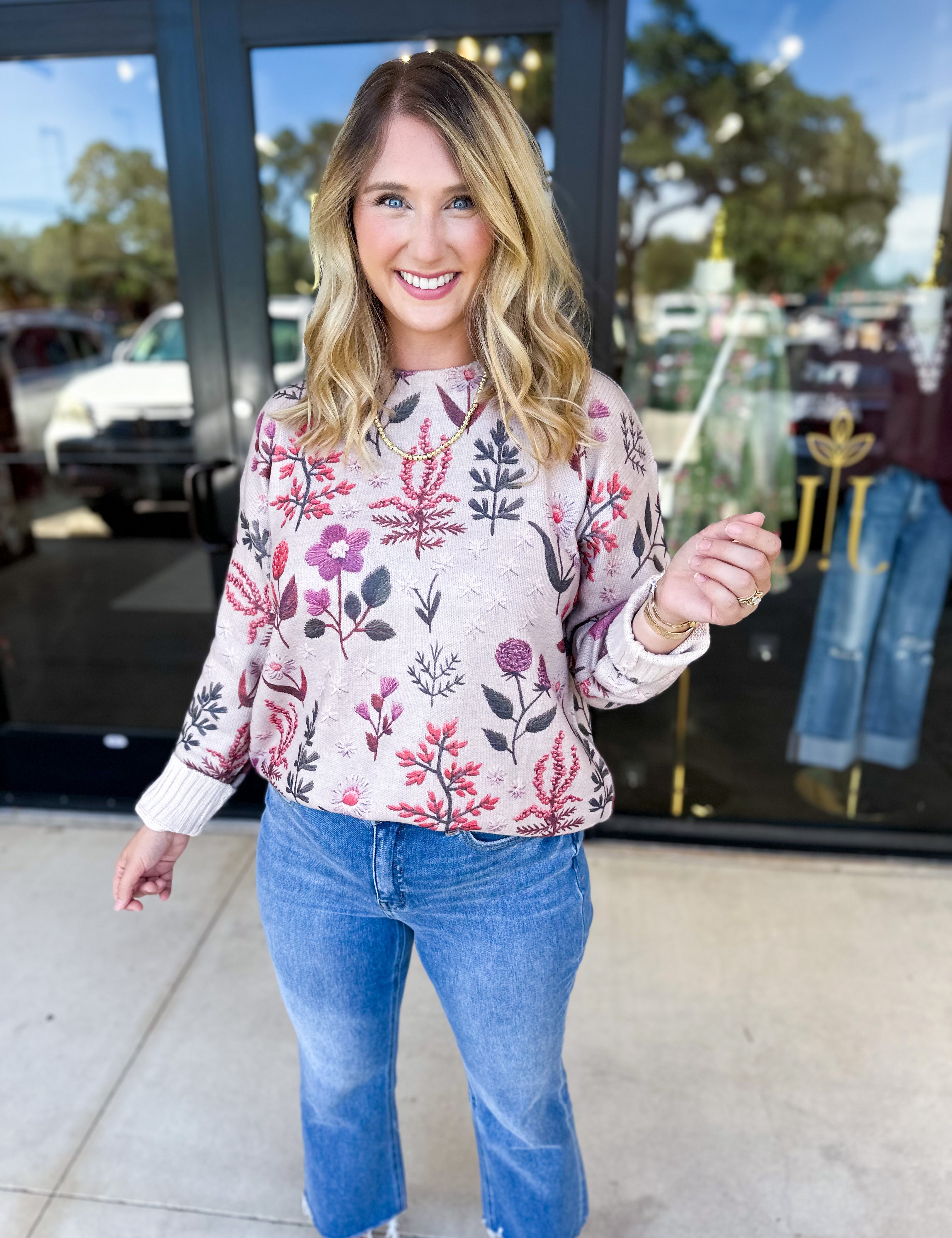 Whimsical Floral Knit Sweater-230 Sweaters/Cardis-ENTRO-July & June Women's Fashion Boutique Located in San Antonio, Texas