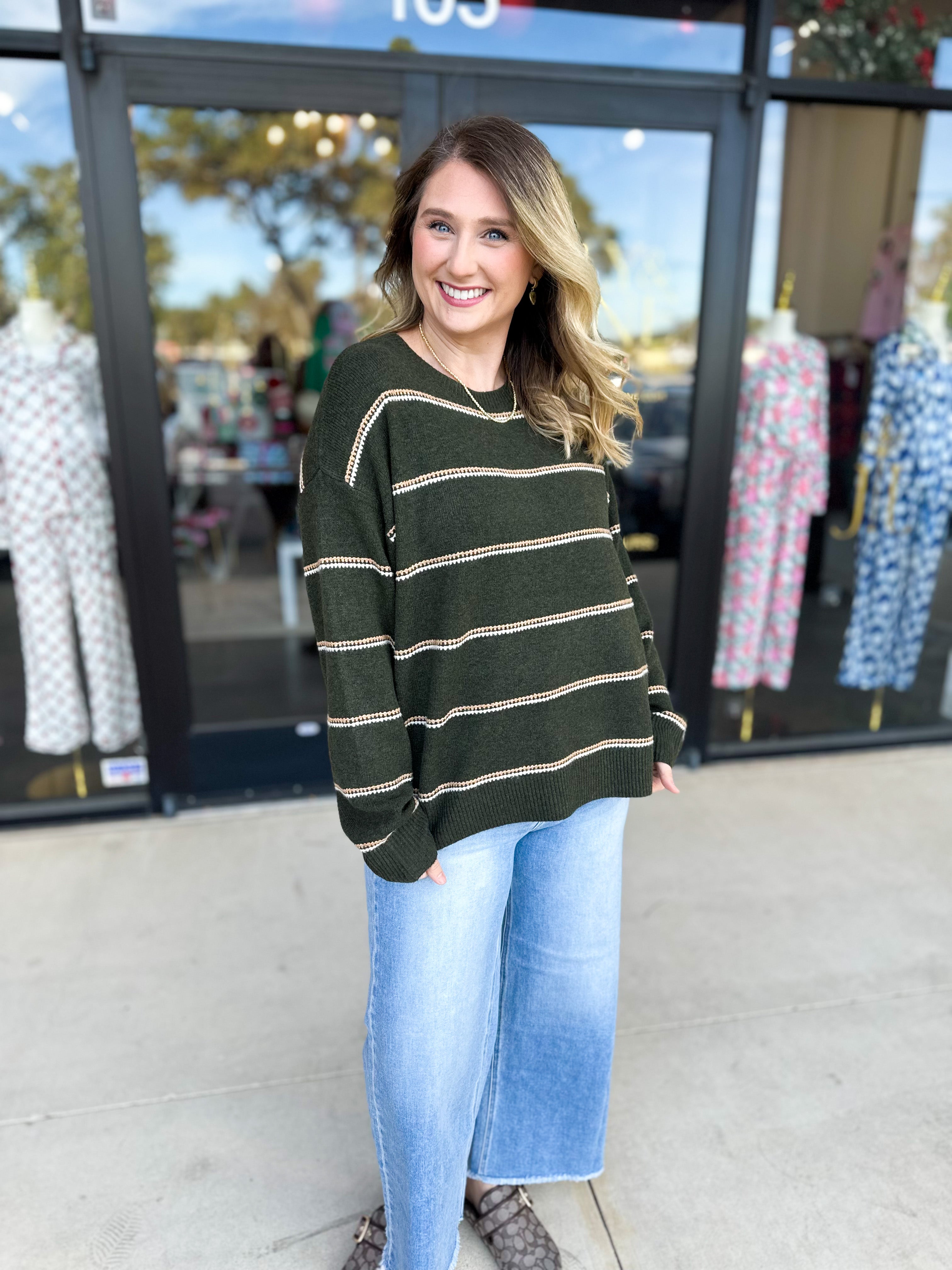 Olive & Camel Sweater-230 Sweaters/Cardis-SKIES ARE BLUE-July & June Women's Fashion Boutique Located in San Antonio, Texas
