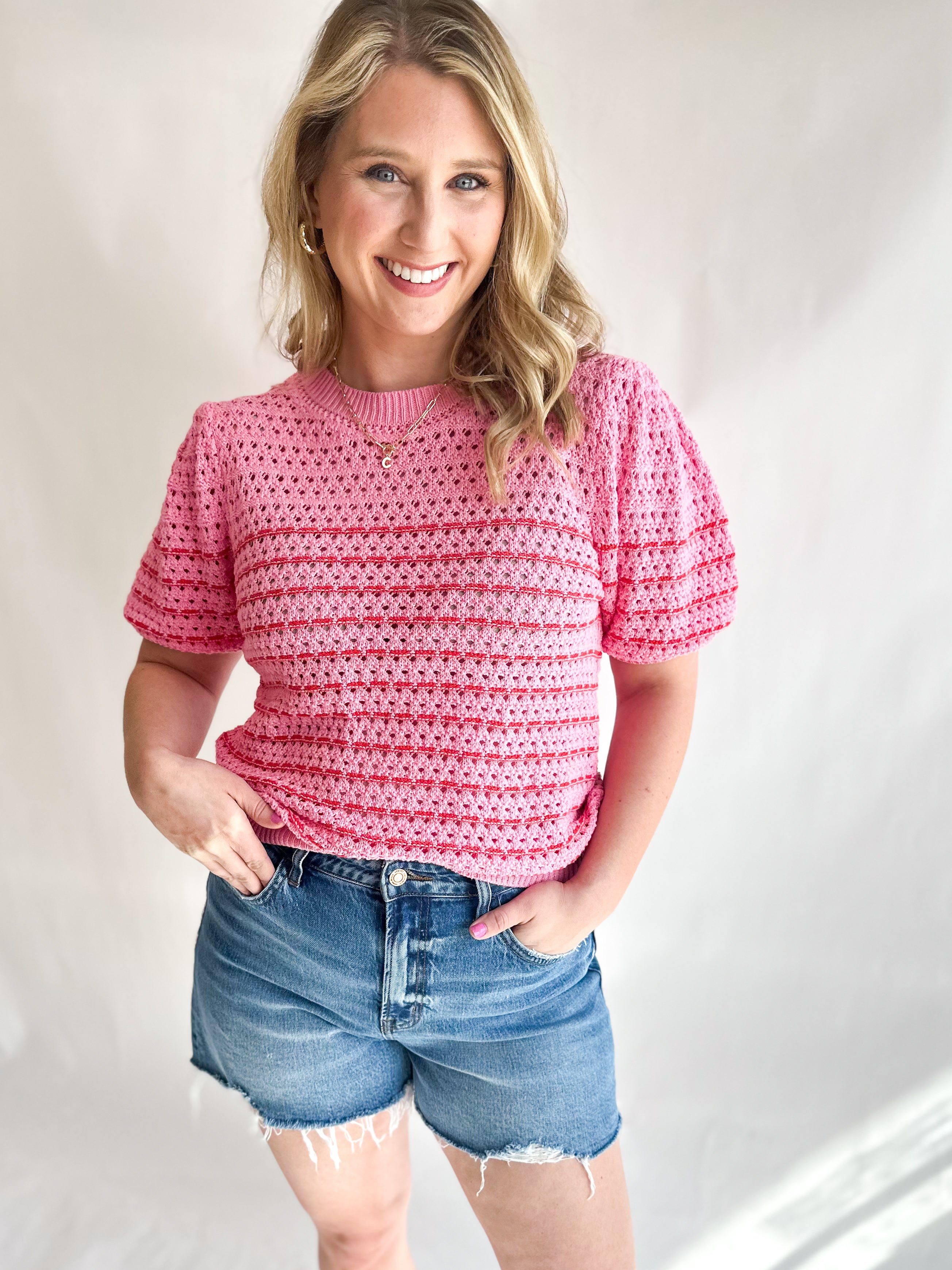 Pink & Red Knit Top-230 Sweaters/Cardis-JODIFL-July & June Women's Fashion Boutique Located in San Antonio, Texas