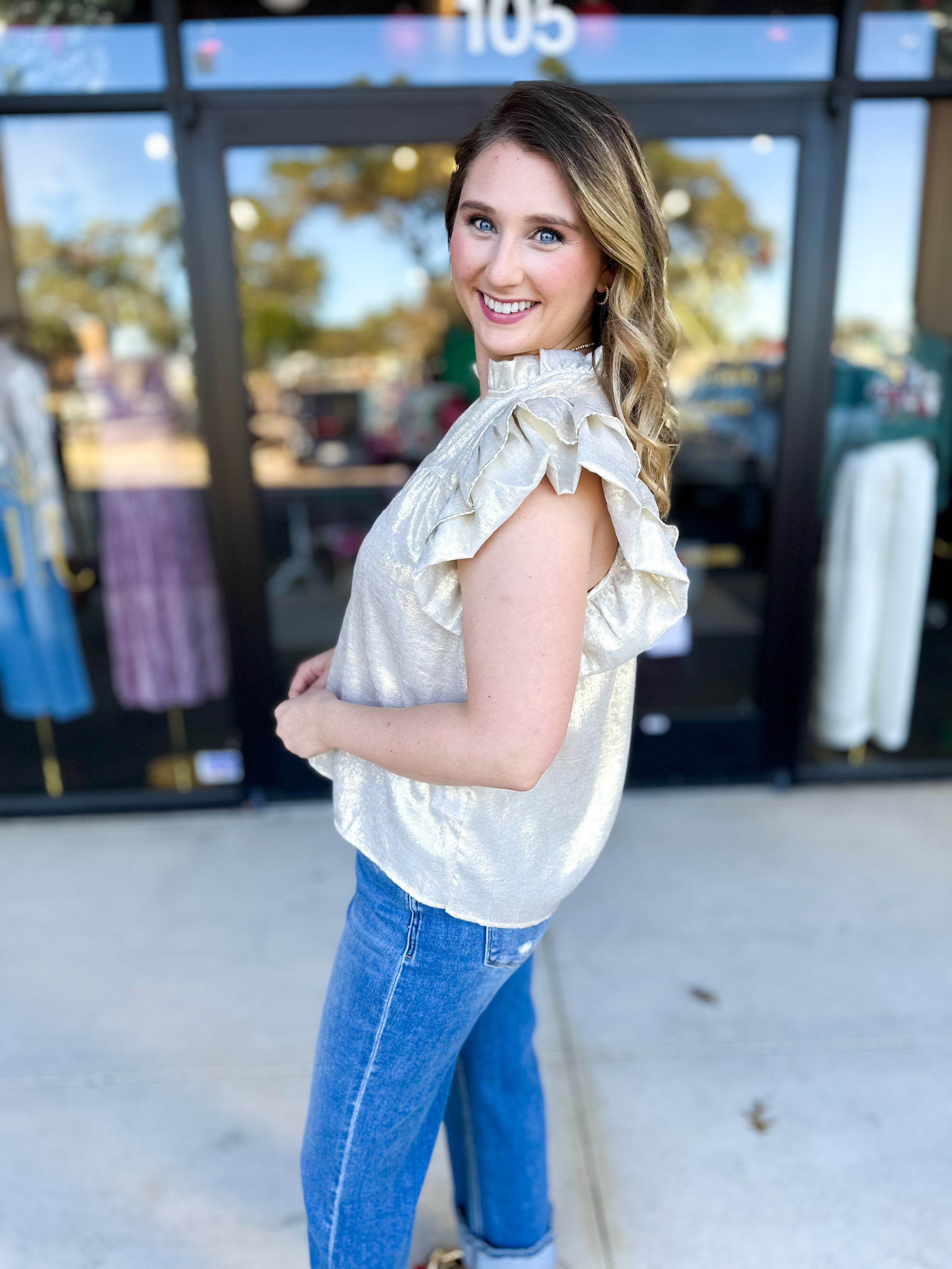 THML - Gold Shimmer Blouse-200 Fashion Blouses-THML-July & June Women's Fashion Boutique Located in San Antonio, Texas