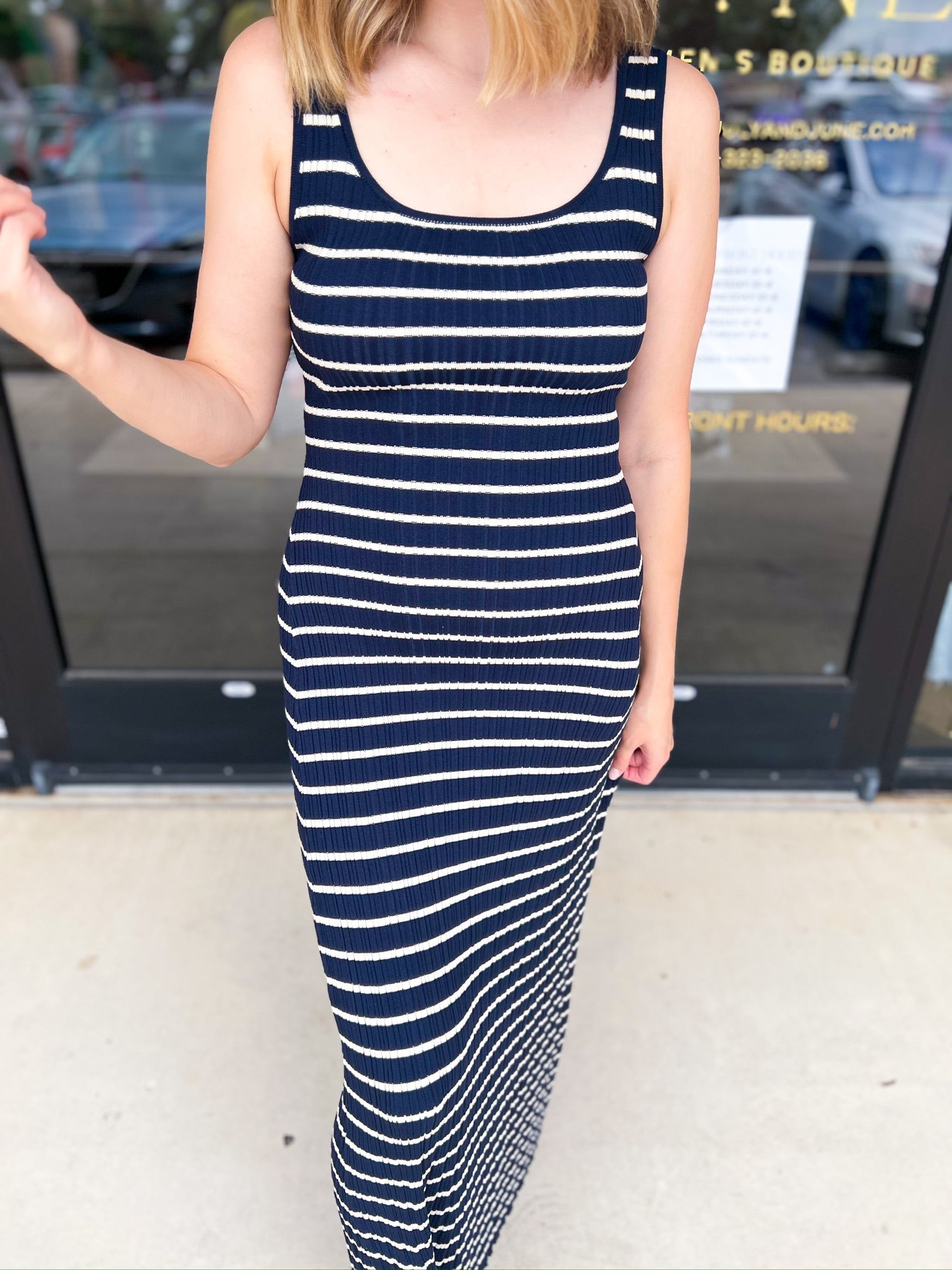 Navy Knit Midi Dress-500 Midi-SKIES ARE BLUE-July & June Women's Fashion Boutique Located in San Antonio, Texas