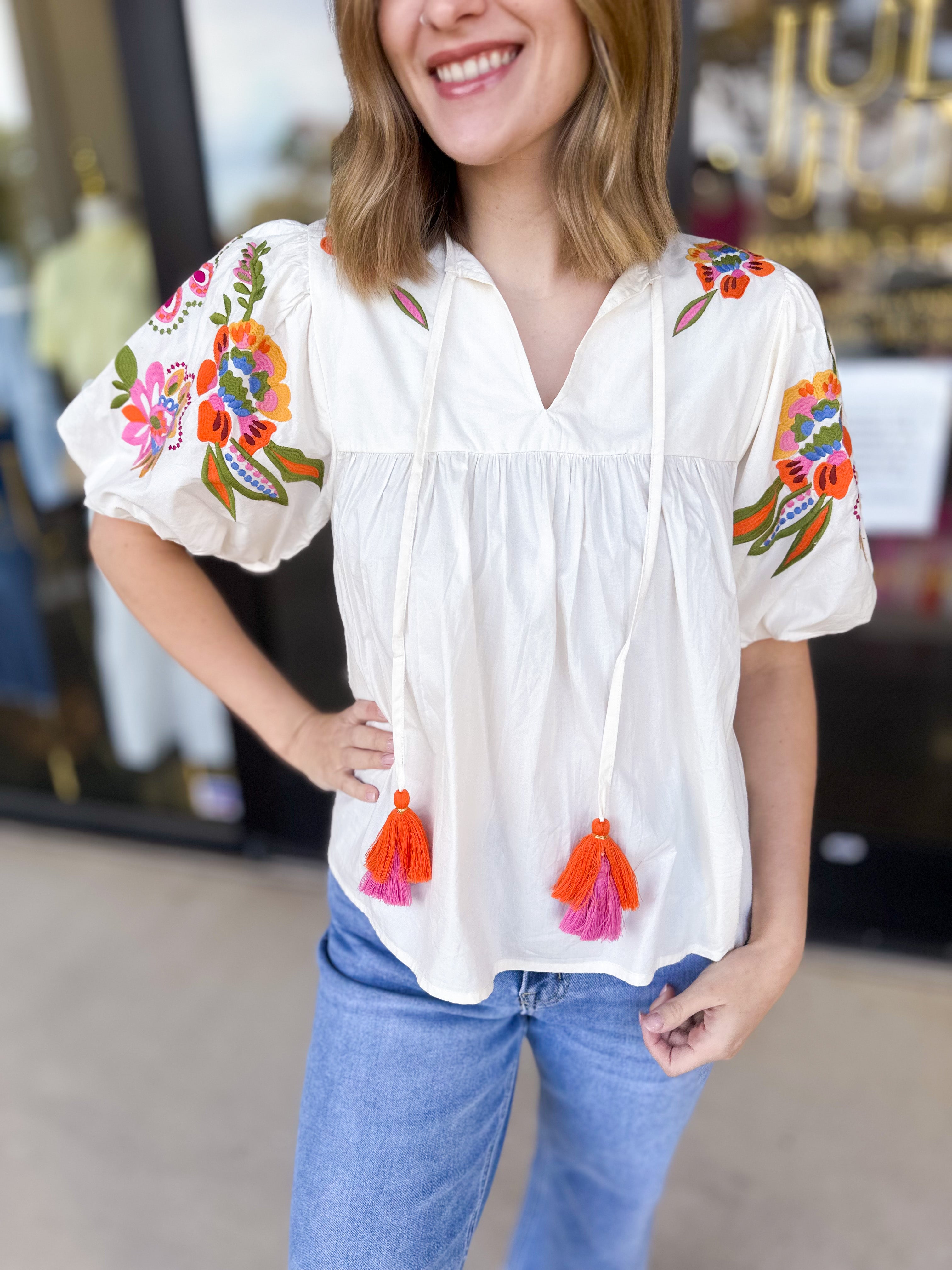 THML - Classic Ivory Embroidered Blouse-200 Fashion Blouses-THML-July & June Women's Fashion Boutique Located in San Antonio, Texas