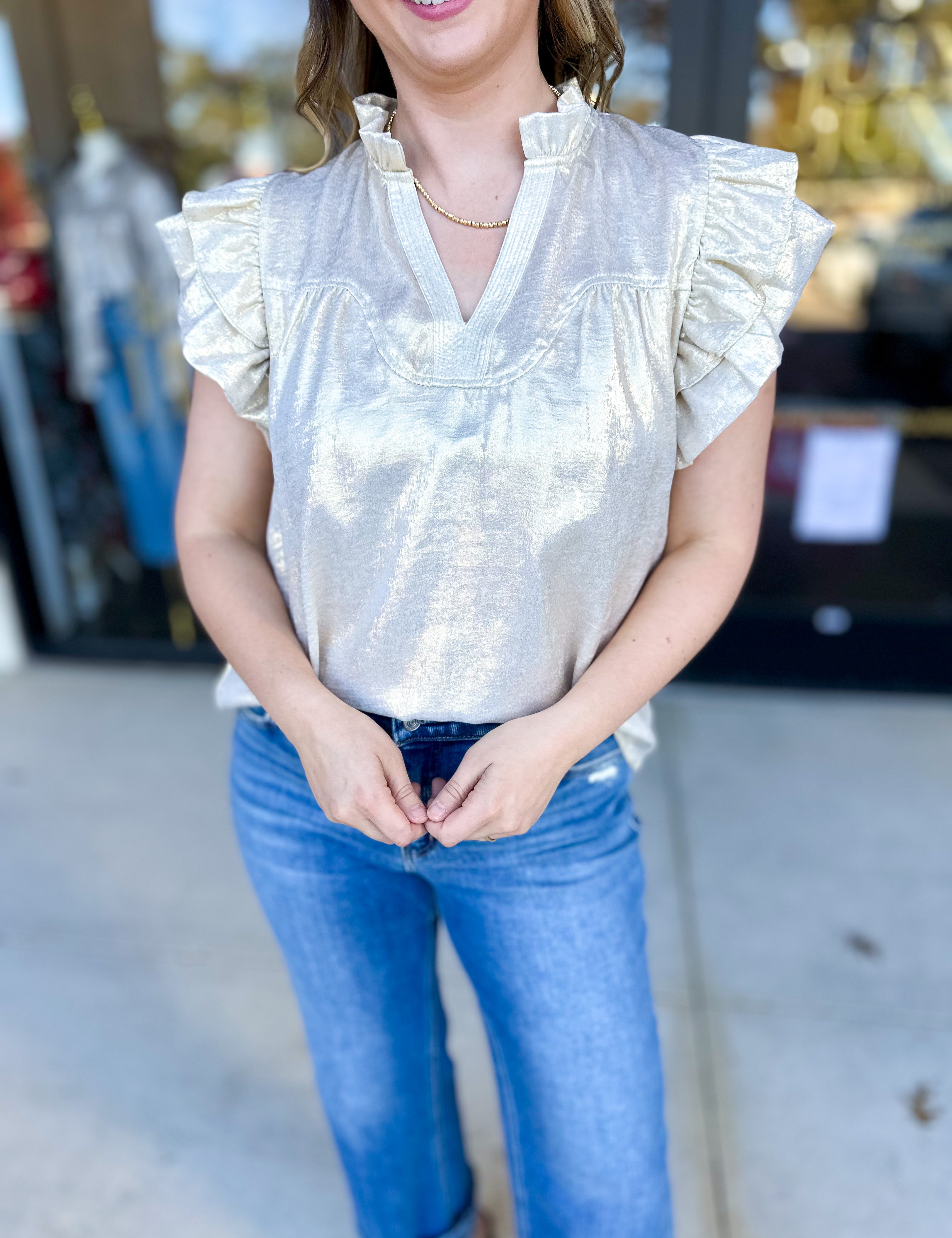 THML - Gold Shimmer Blouse-200 Fashion Blouses-THML-July & June Women's Fashion Boutique Located in San Antonio, Texas