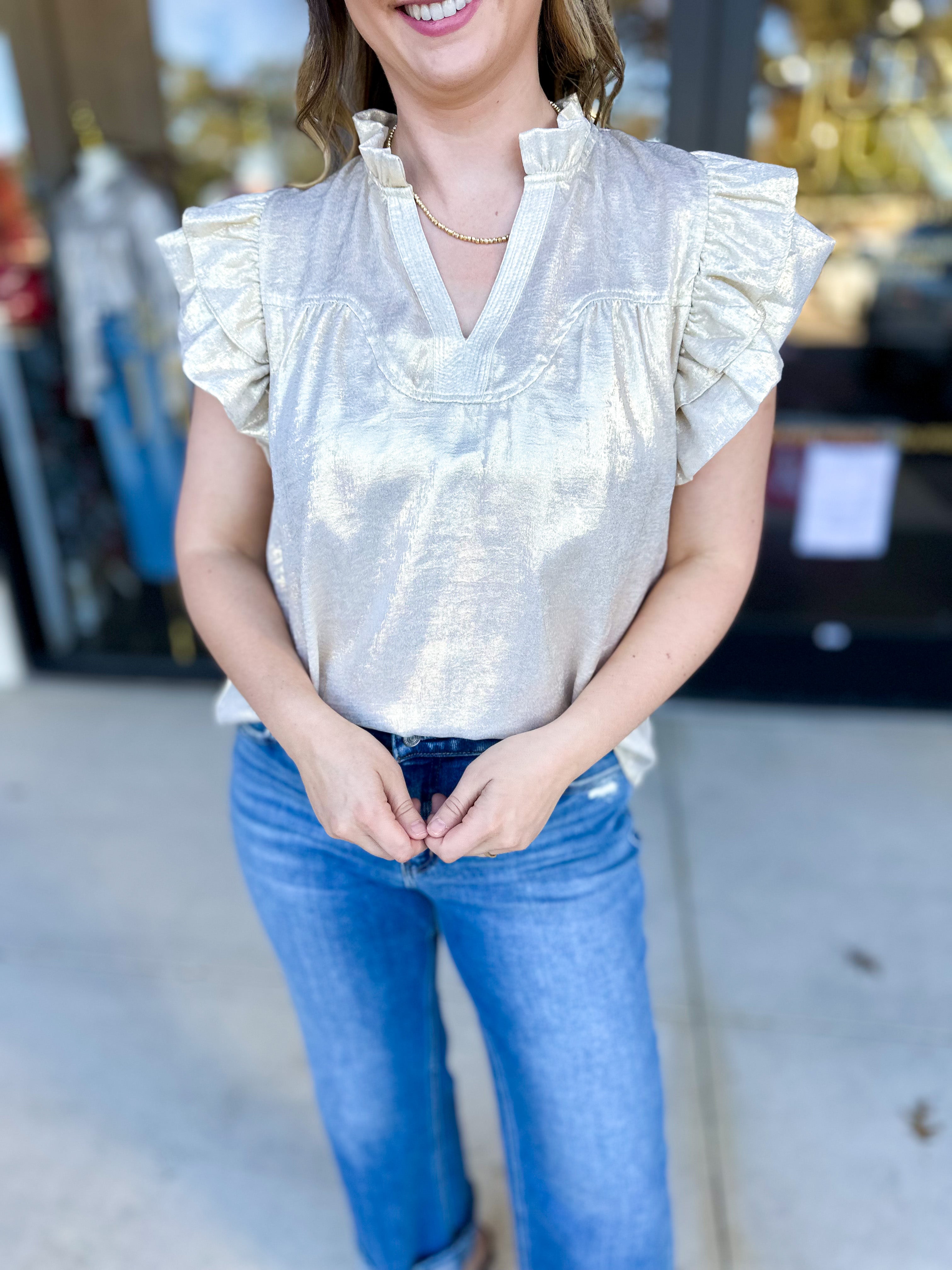 THML - Gold Shimmer Blouse-200 Fashion Blouses-THML-July & June Women's Fashion Boutique Located in San Antonio, Texas