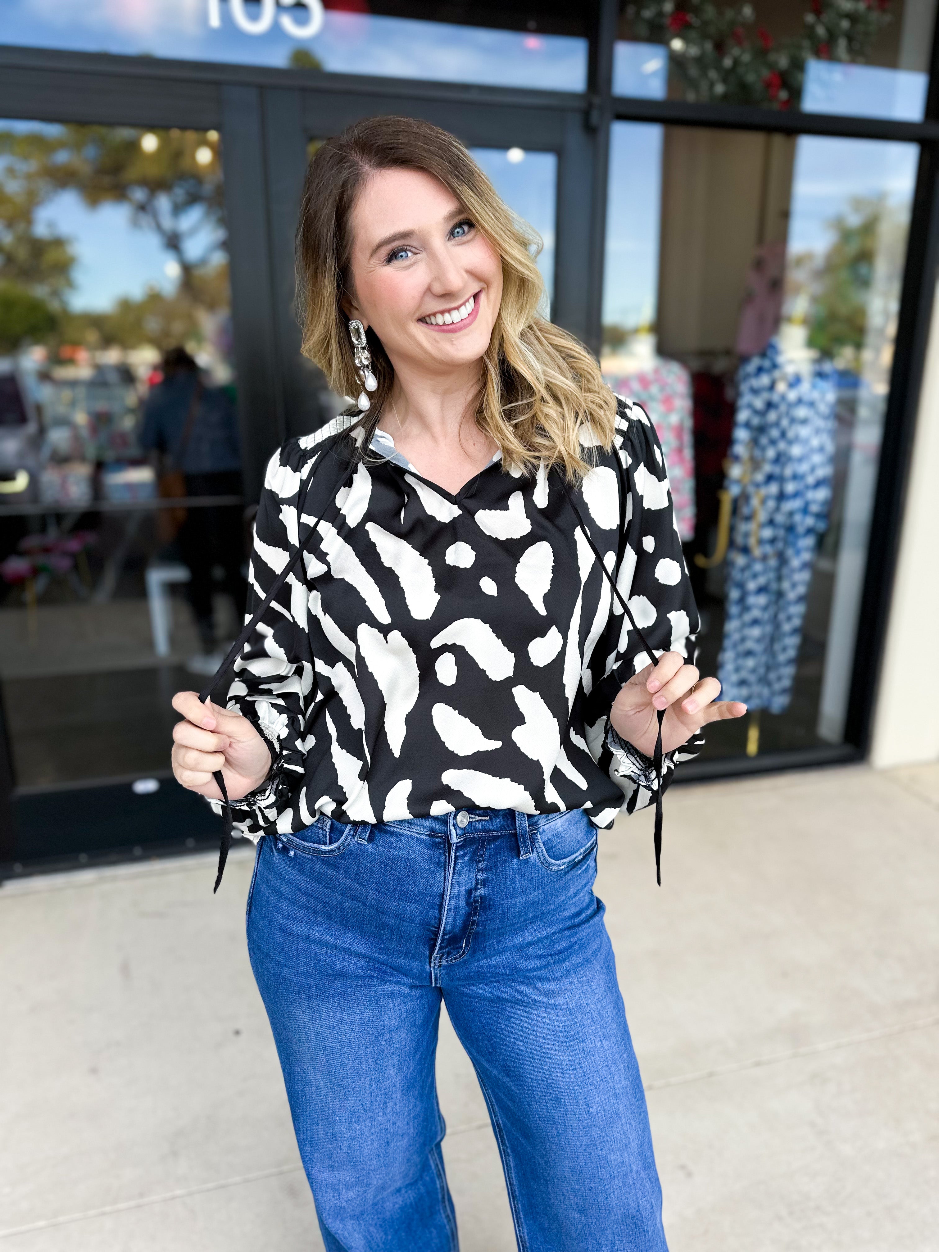 Abstract Black & White Blouse-200 Fashion Blouses-FATE-July & June Women's Fashion Boutique Located in San Antonio, Texas