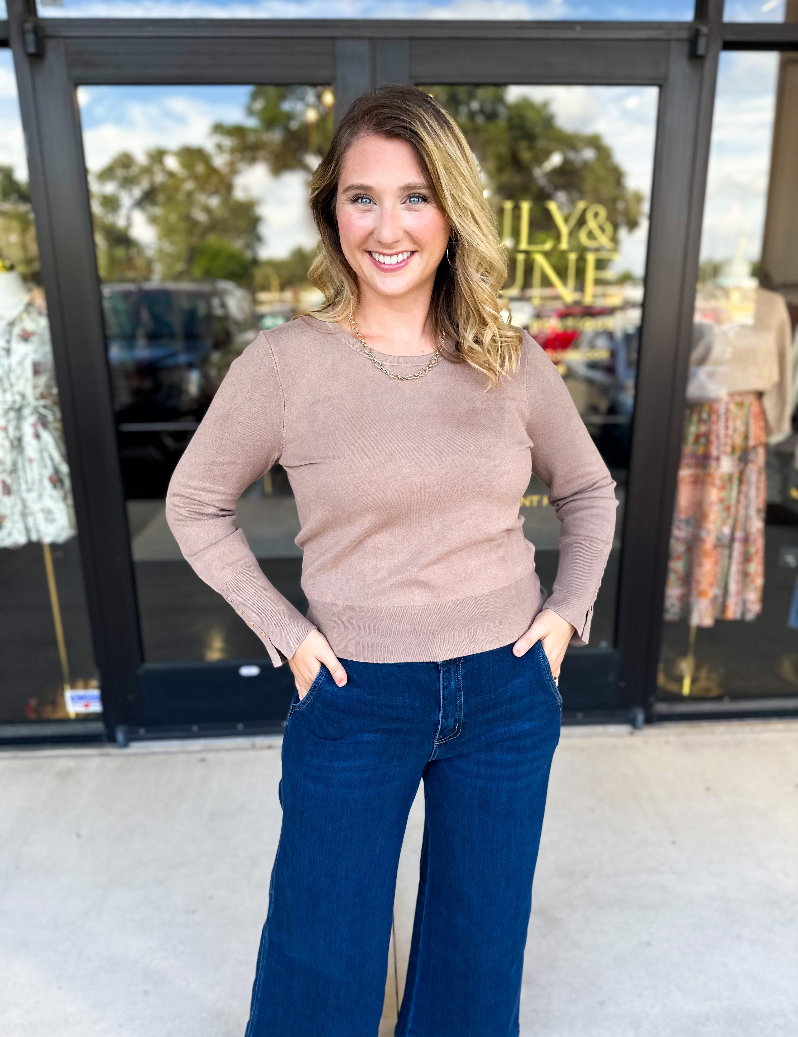 Long Sleeve Sweater Top - Mocha-230 Sweaters/Cardis-ENTRO-July & June Women's Fashion Boutique Located in San Antonio, Texas