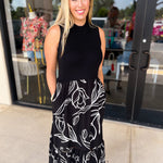 Black & White Abstract Floral Midi Dress-500 Midi-SKIES ARE BLUE-July & June Women's Fashion Boutique Located in San Antonio, Texas