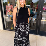 Black & White Abstract Floral Midi Dress-500 Midi-SKIES ARE BLUE-July & June Women's Fashion Boutique Located in San Antonio, Texas