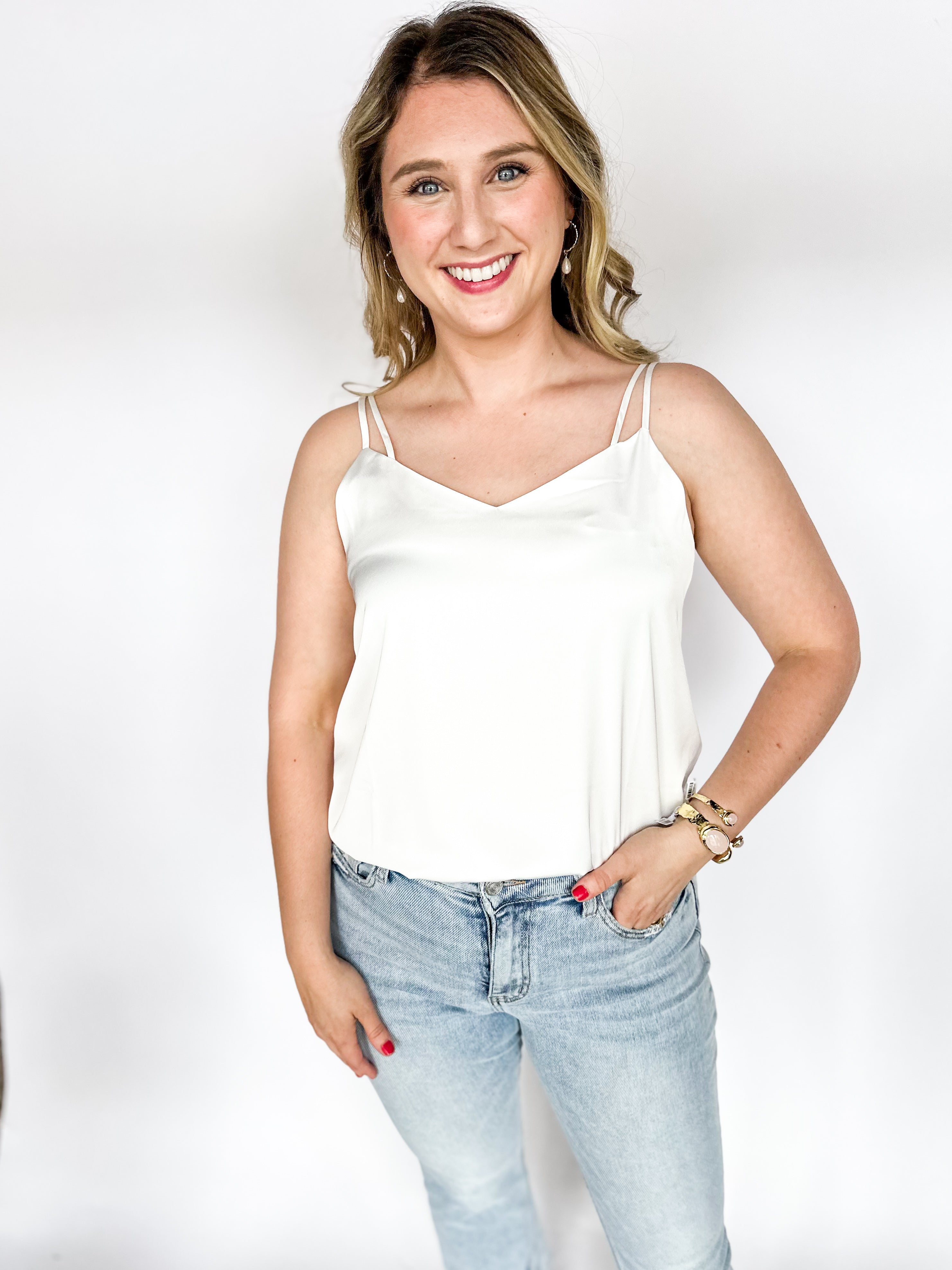 Satin Cami - White-200 Fashion Blouses-SKIES ARE BLUE-July & June Women's Fashion Boutique Located in San Antonio, Texas