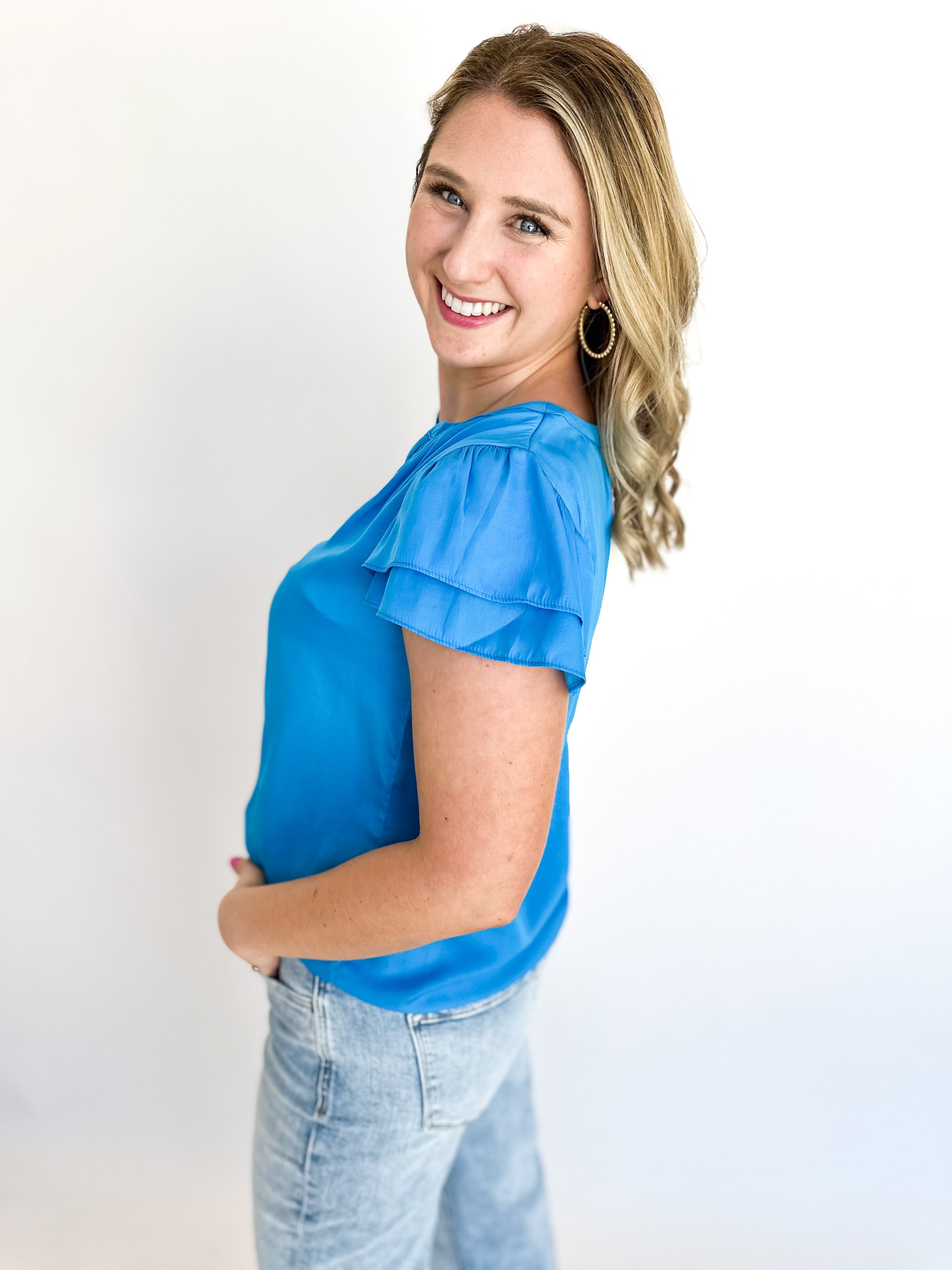 Flutter Sleeve Blouse - Blue-200 Fashion Blouses-SKIES ARE BLUE-July & June Women's Fashion Boutique Located in San Antonio, Texas