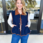 Navy & Suede Vest-600 Outerwear-ENTRO-July & June Women's Fashion Boutique Located in San Antonio, Texas