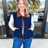 Navy & Suede Vest-600 Outerwear-ENTRO-July & June Women's Fashion Boutique Located in San Antonio, Texas