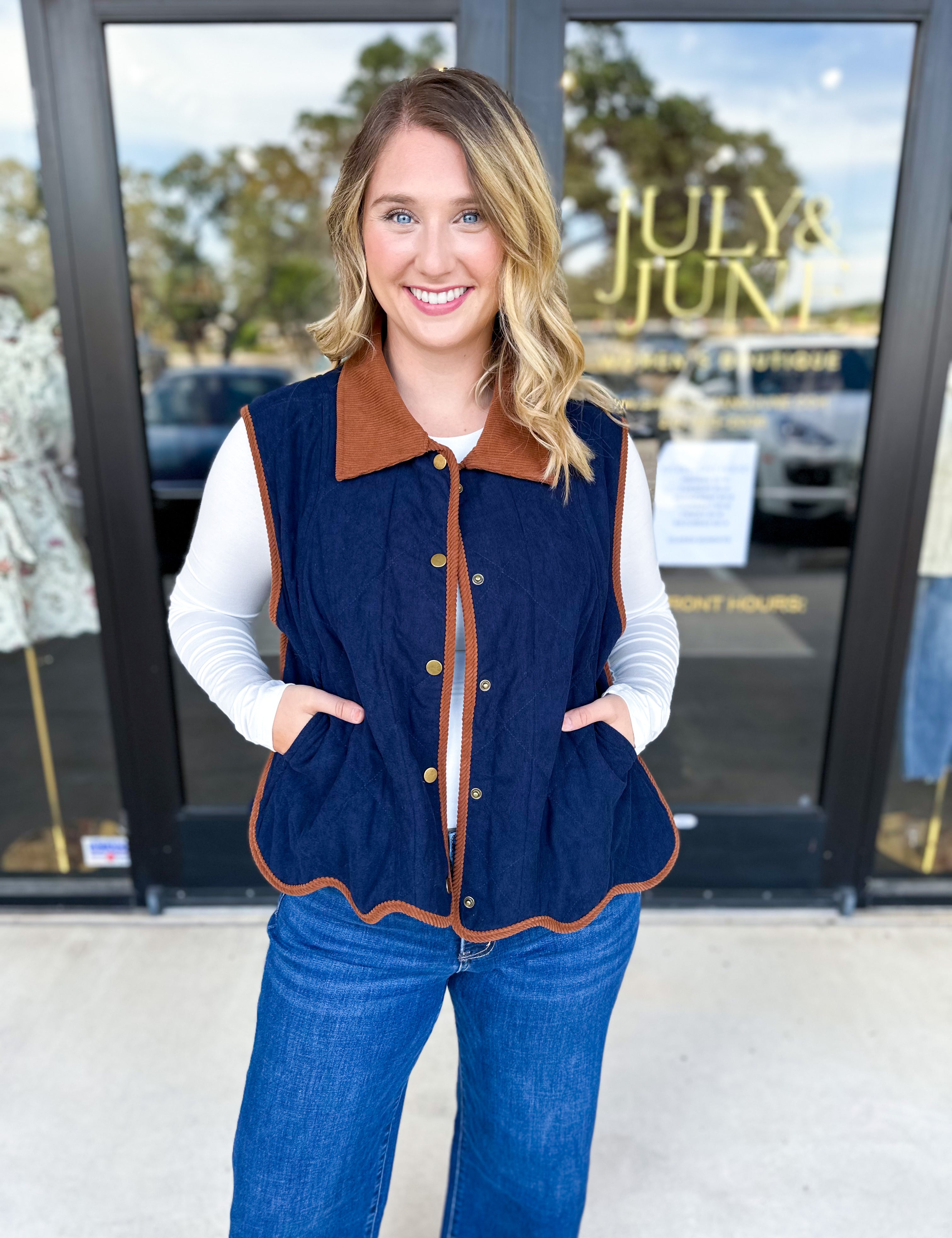 Navy & Suede Vest-600 Outerwear-ENTRO-July & June Women's Fashion Boutique Located in San Antonio, Texas