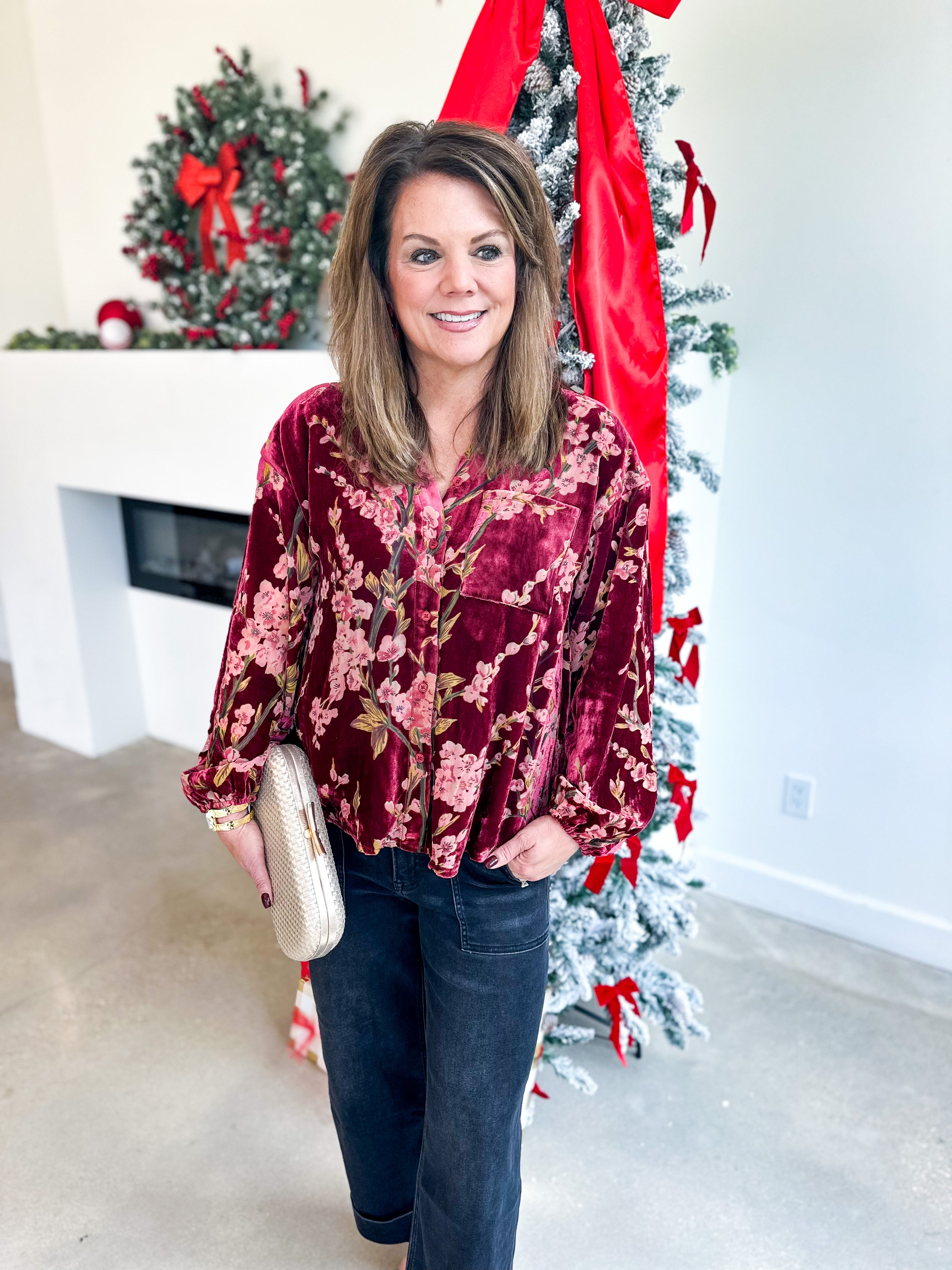 Velvet Floral Blouse - Burgundy-200 Fashion Blouses-JODIFL-July & June Women's Fashion Boutique Located in San Antonio, Texas