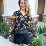 Current Air - Golden Floral Blouse-200 Fashion Blouses-CURRENT AIR CLOTHING-July & June Women's Fashion Boutique Located in San Antonio, Texas