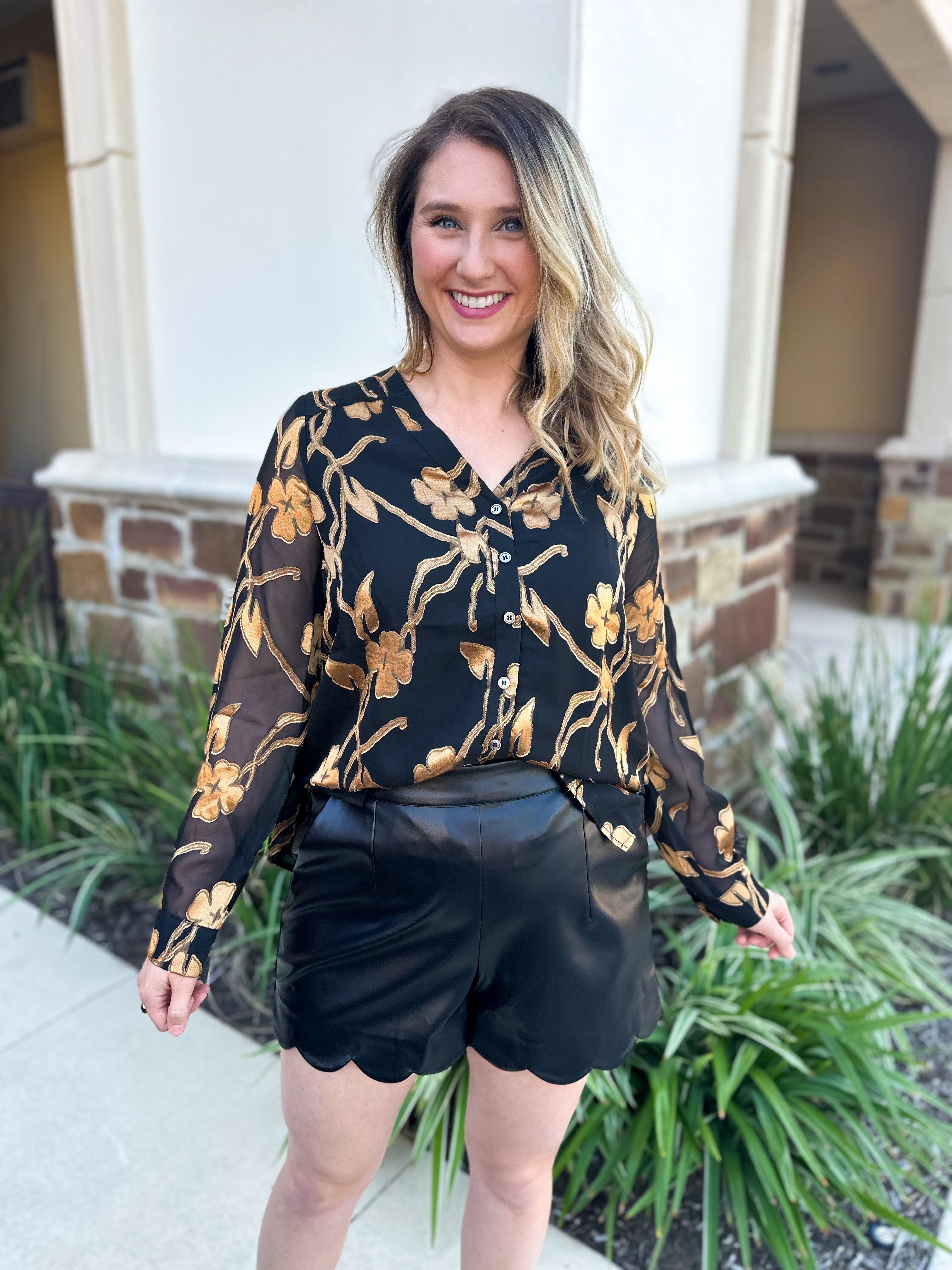 Current Air - Golden Floral Blouse-200 Fashion Blouses-CURRENT AIR CLOTHING-July & June Women's Fashion Boutique Located in San Antonio, Texas