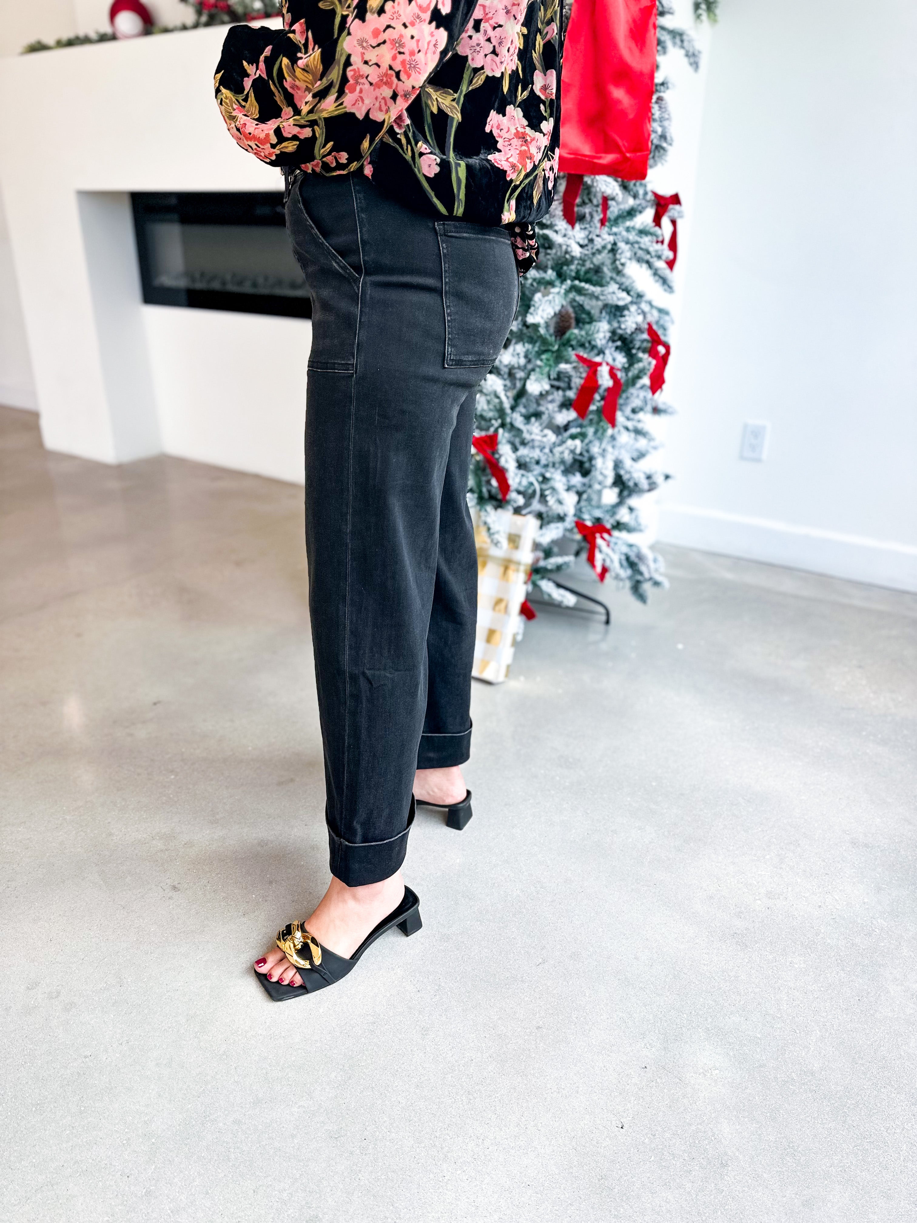 Vervet - High Rise Black Cuffed Wide Leg Jeans-400 Pants-VEVERT BY FLYING MONKEY-July & June Women's Fashion Boutique Located in San Antonio, Texas