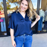 Pink Friday Doorbuster - Classic Satin Blouse - Navy - IN STORE-PINK FRIDAY DOORBUSTERS-GLAM-July & June Women's Fashion Boutique Located in San Antonio, Texas