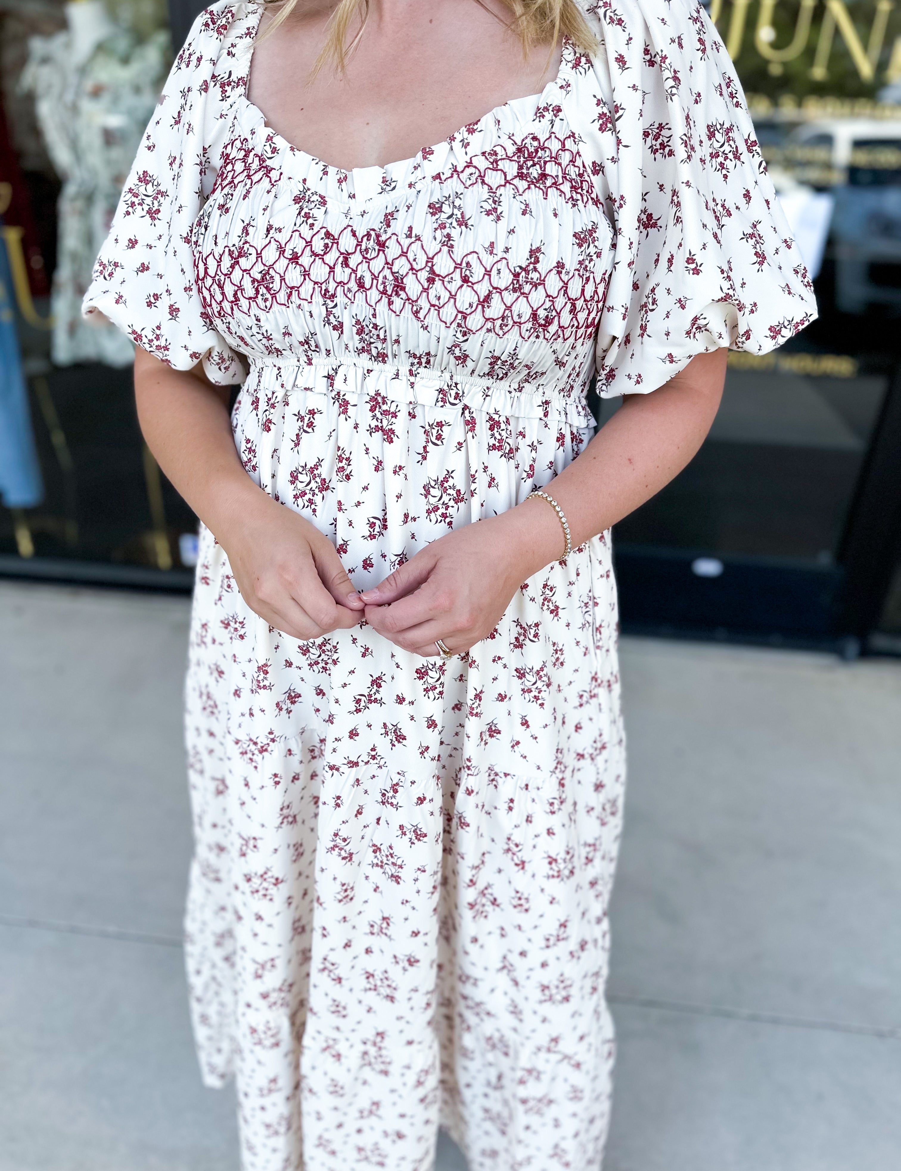 Burgundy Vintage Floral Midi Dress-500 Midi-POLOGRAM-July & June Women's Fashion Boutique Located in San Antonio, Texas