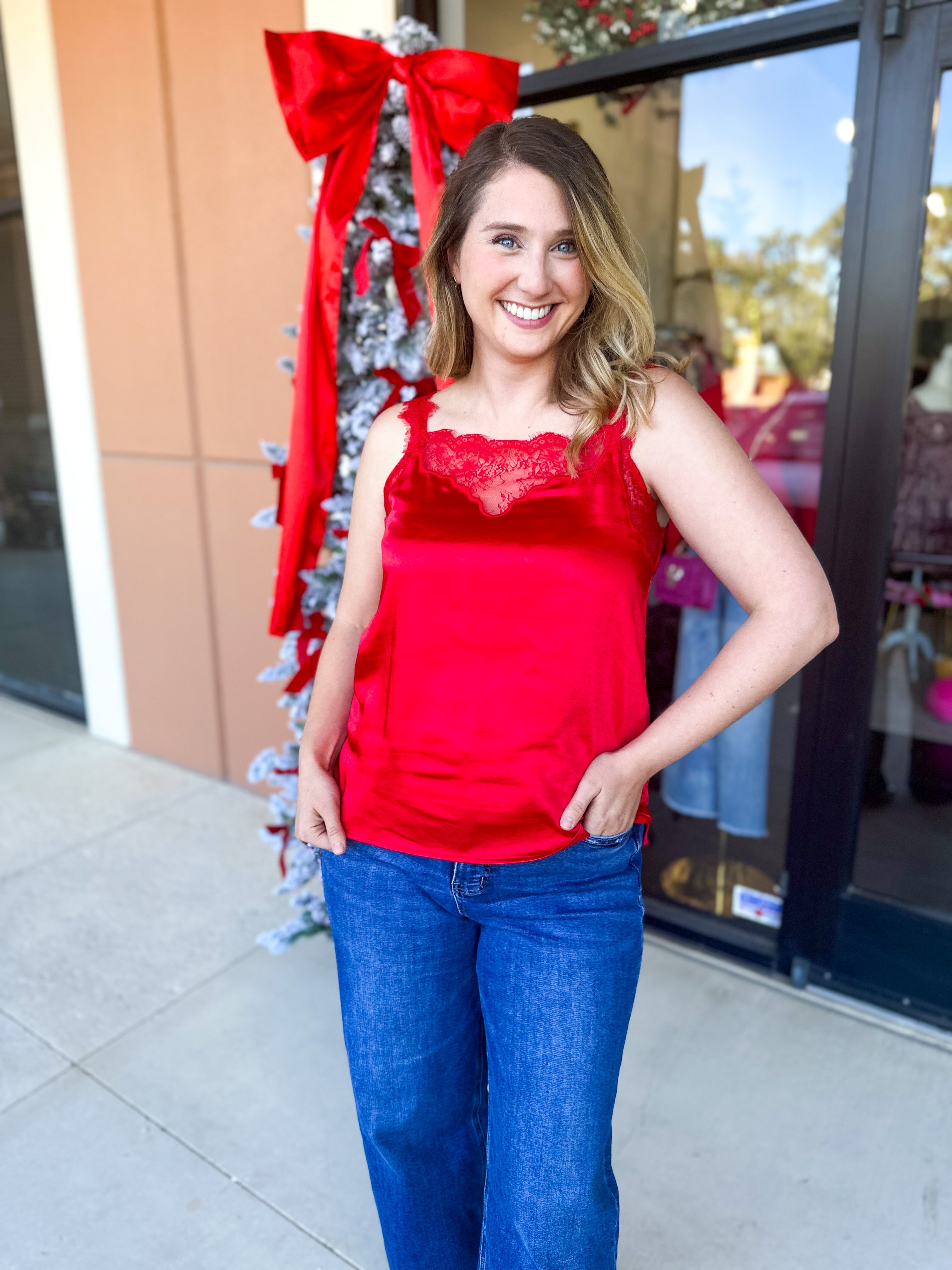 Satin Chic Cami - Red-200 Fashion Blouses-SKIES ARE BLUE-July & June Women's Fashion Boutique Located in San Antonio, Texas