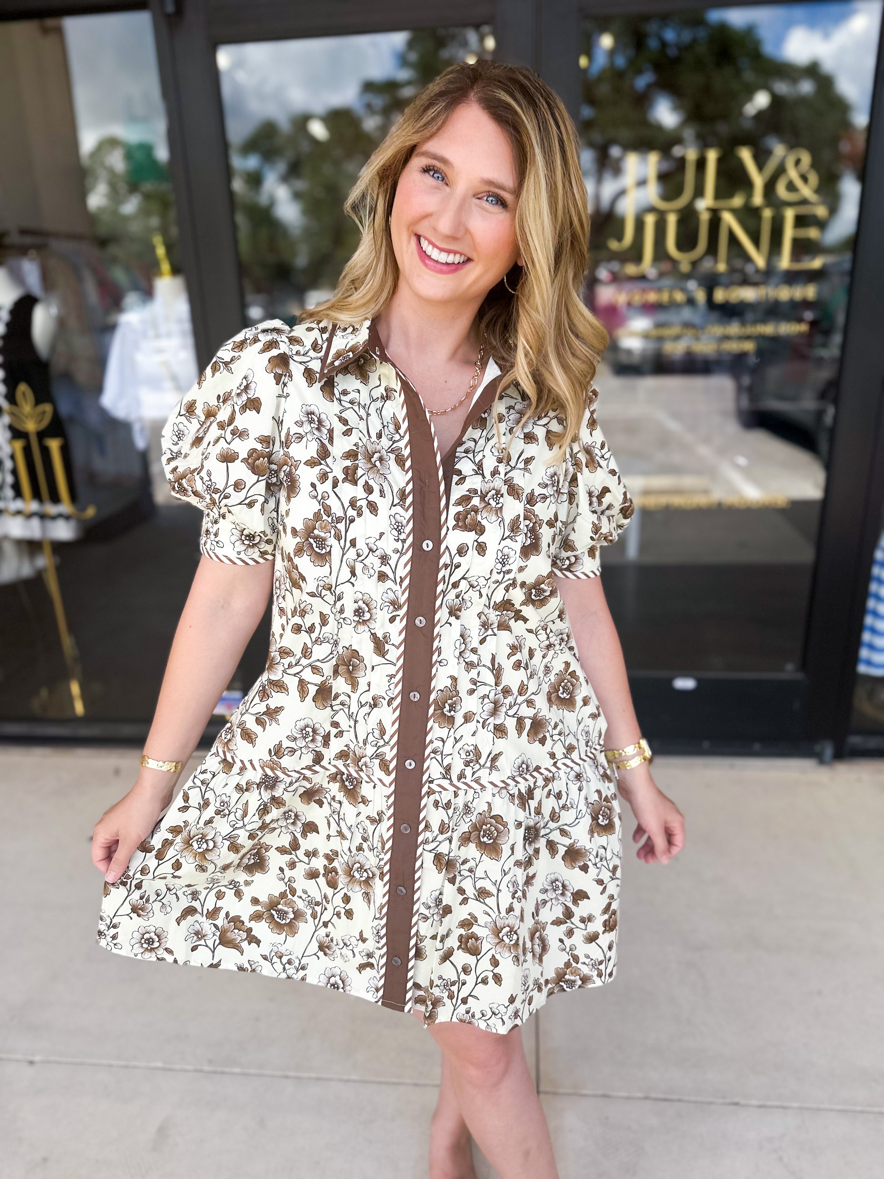 Mocha Floral & Stripe Mini Dress-510 Mini-ENTRO-July & June Women's Fashion Boutique Located in San Antonio, Texas