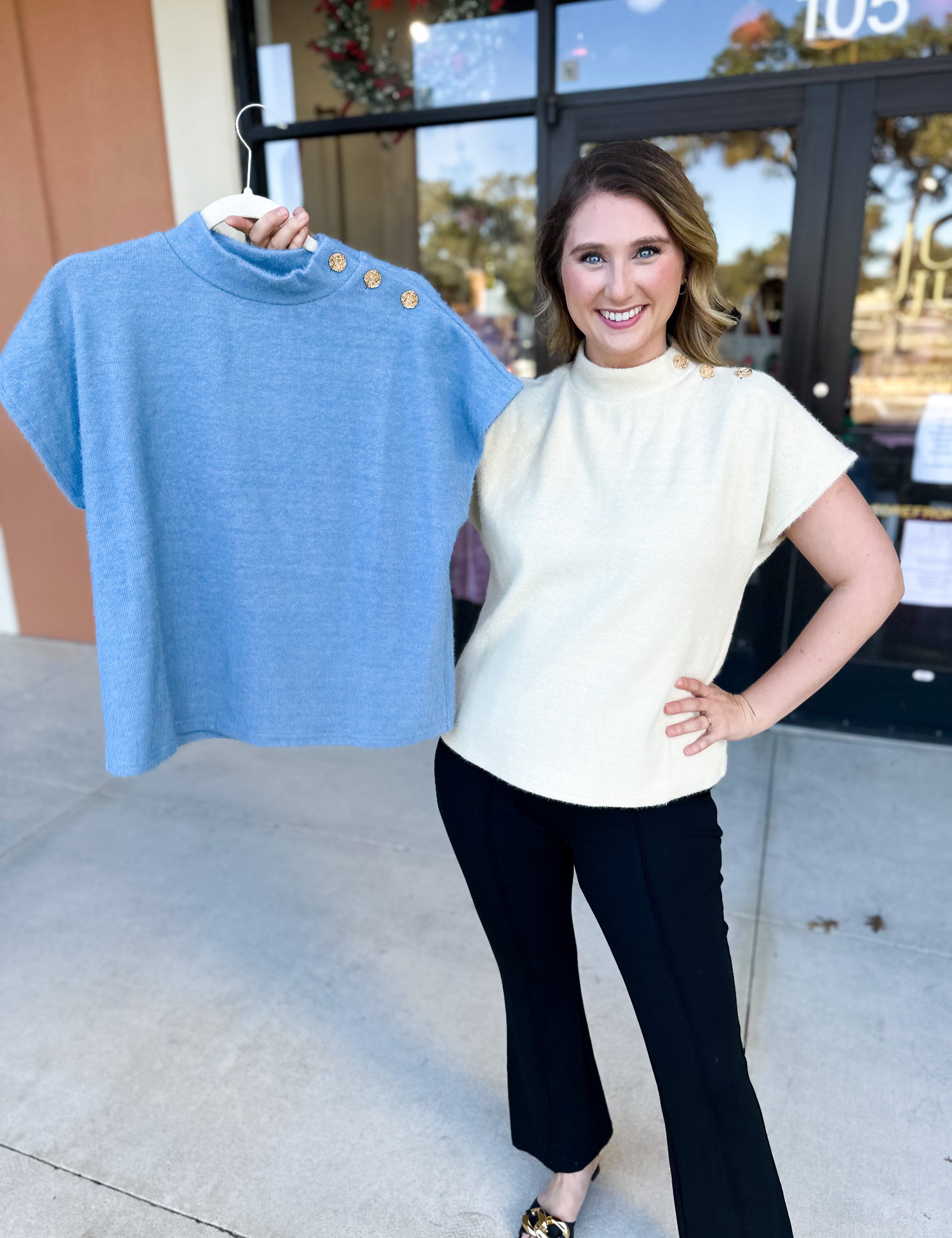 THML - Mock Neck Fuzzy Sweater Top - Cream-230 Sweaters/Cardis-THML-July & June Women's Fashion Boutique Located in San Antonio, Texas