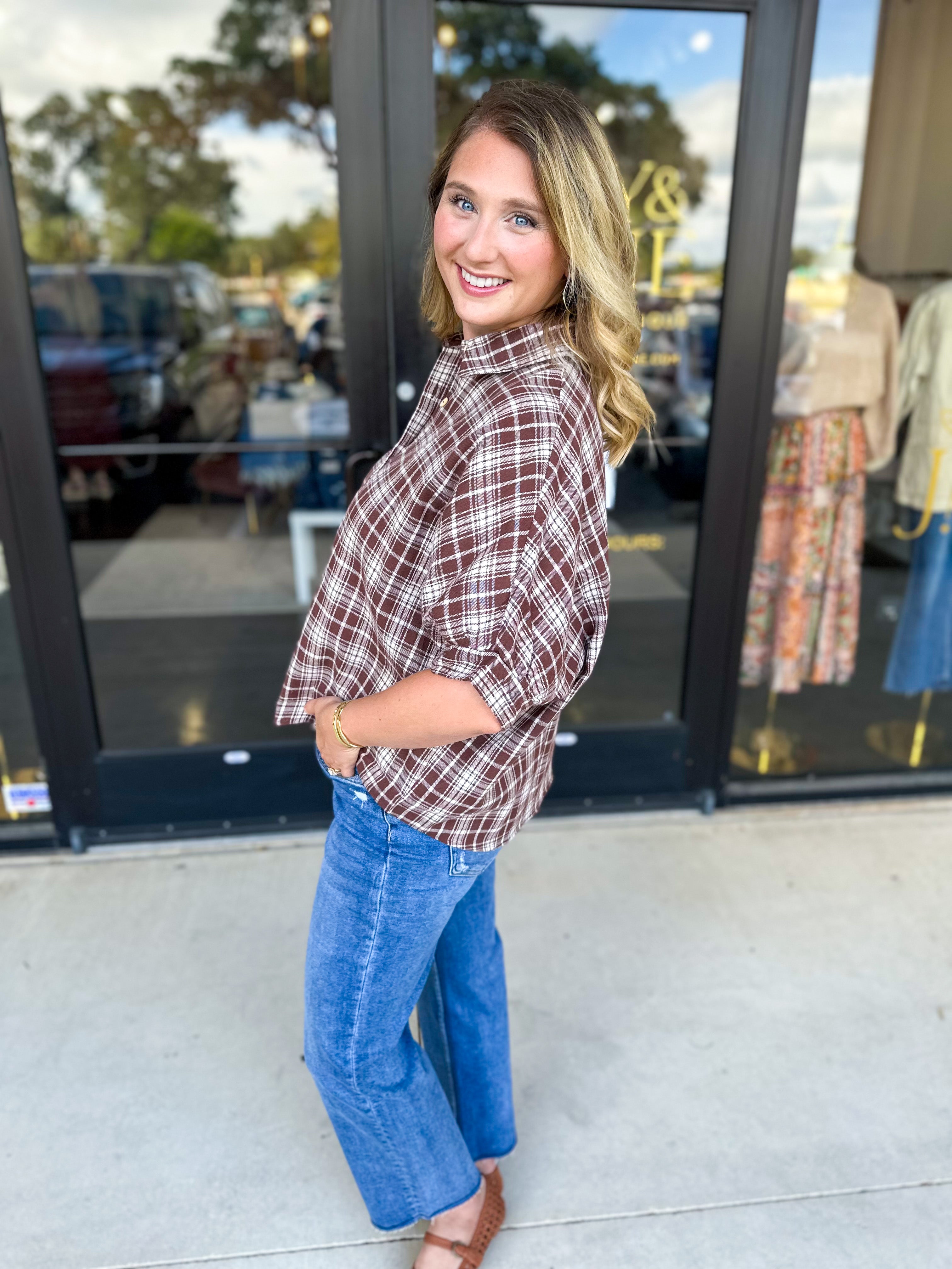 Brown Flannel Blouse-200 Fashion Blouses-POLOGRAM-July & June Women's Fashion Boutique Located in San Antonio, Texas