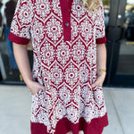 Burgundy Embroidered Mini Dress-510 Mini-ENTRO-July & June Women's Fashion Boutique Located in San Antonio, Texas