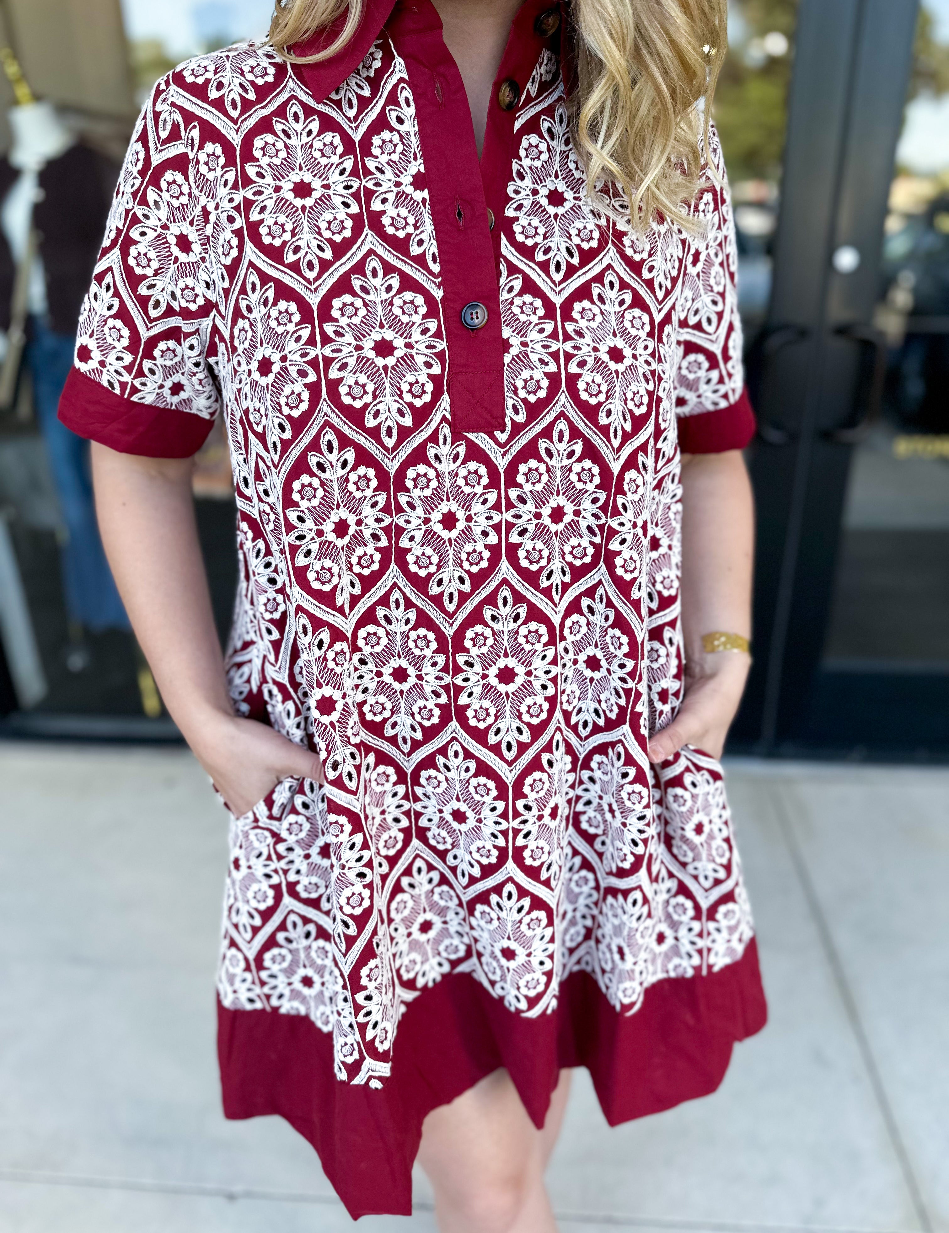 Burgundy Embroidered Mini Dress-510 Mini-ENTRO-July & June Women's Fashion Boutique Located in San Antonio, Texas