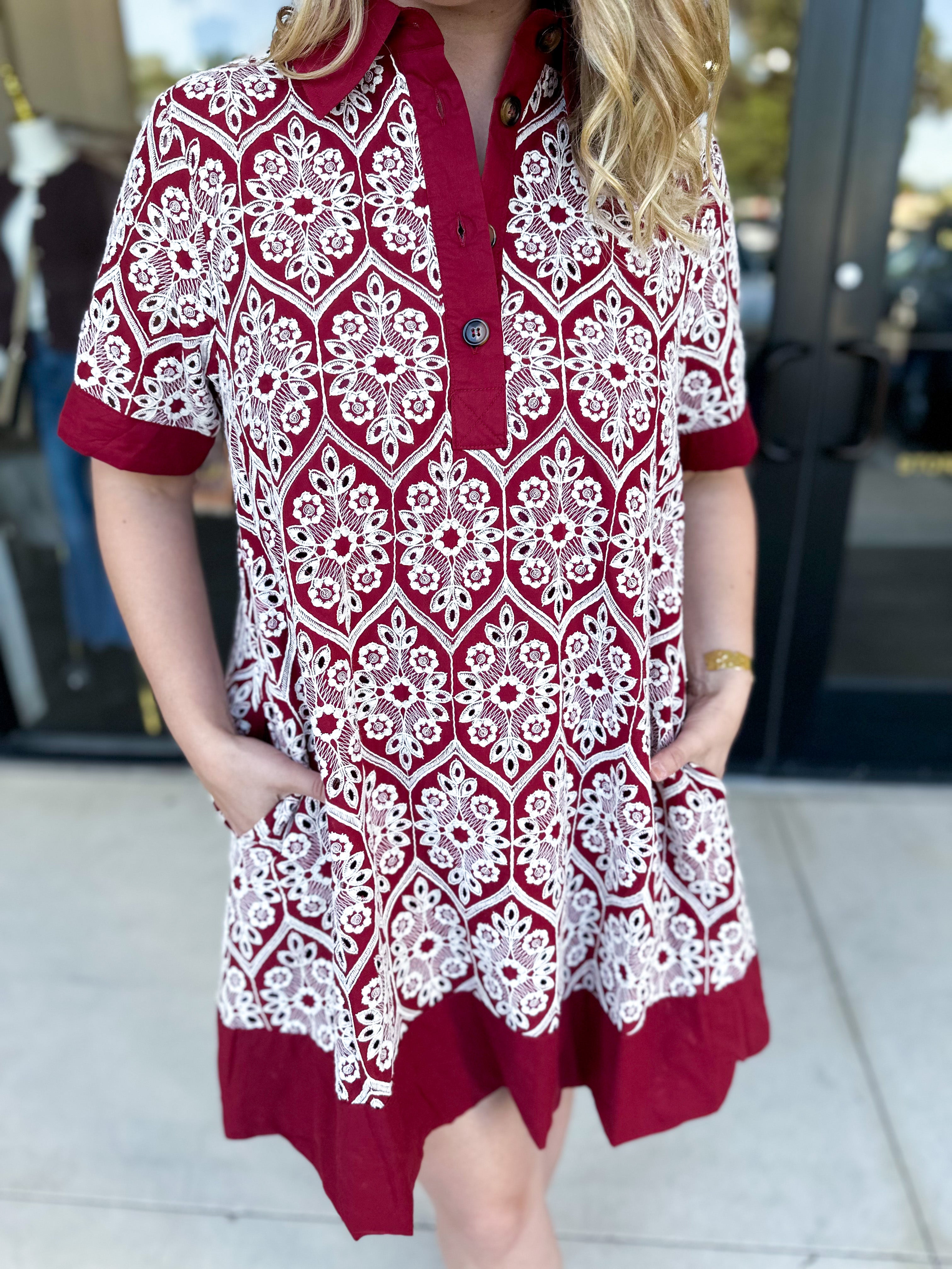 Burgundy Embroidered Mini Dress-510 Mini-ENTRO-July & June Women's Fashion Boutique Located in San Antonio, Texas