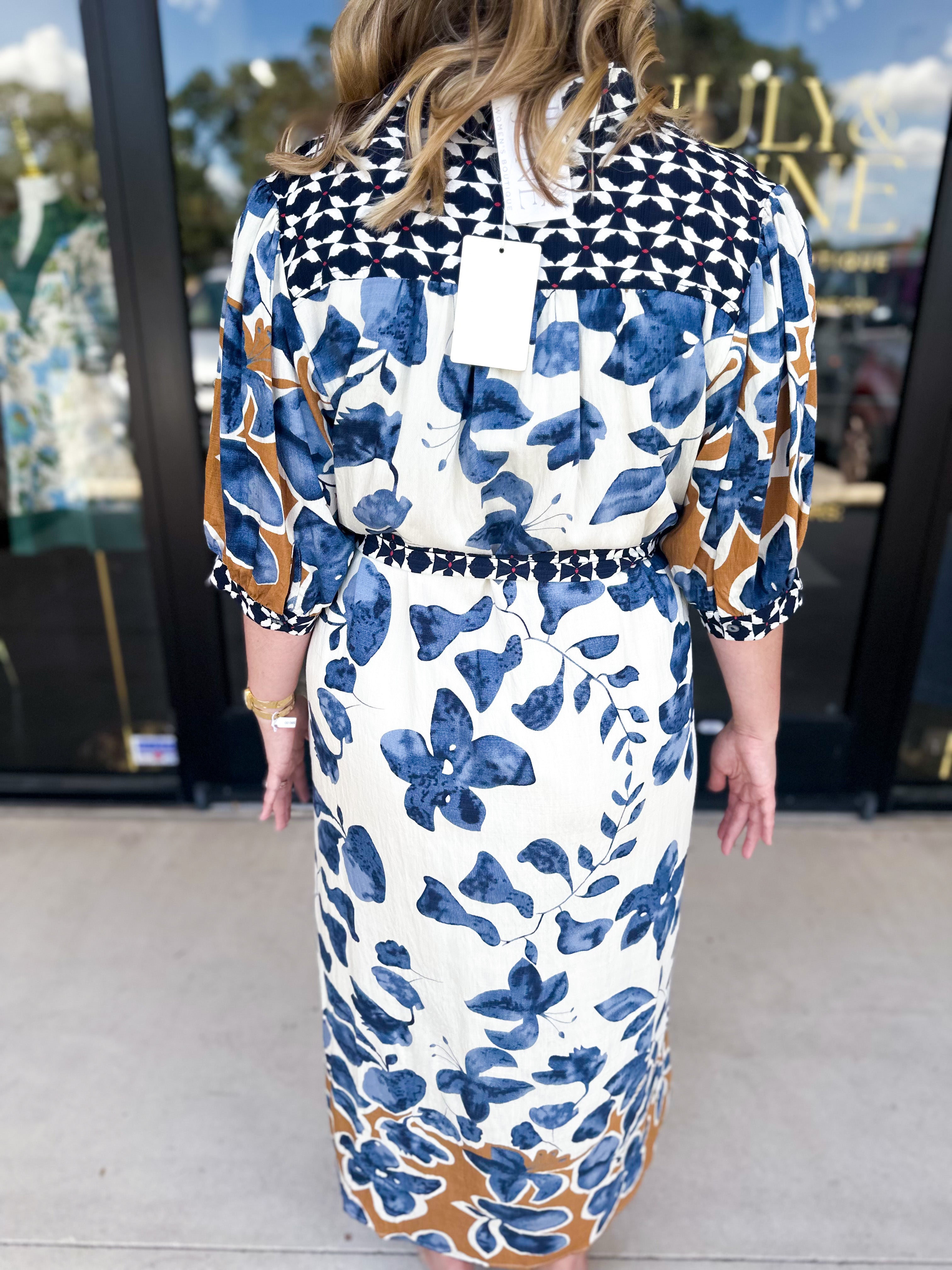 Slate Blue & Rust Watercolor Midi Dress-500 Midi-ENTRO-July & June Women's Fashion Boutique Located in San Antonio, Texas