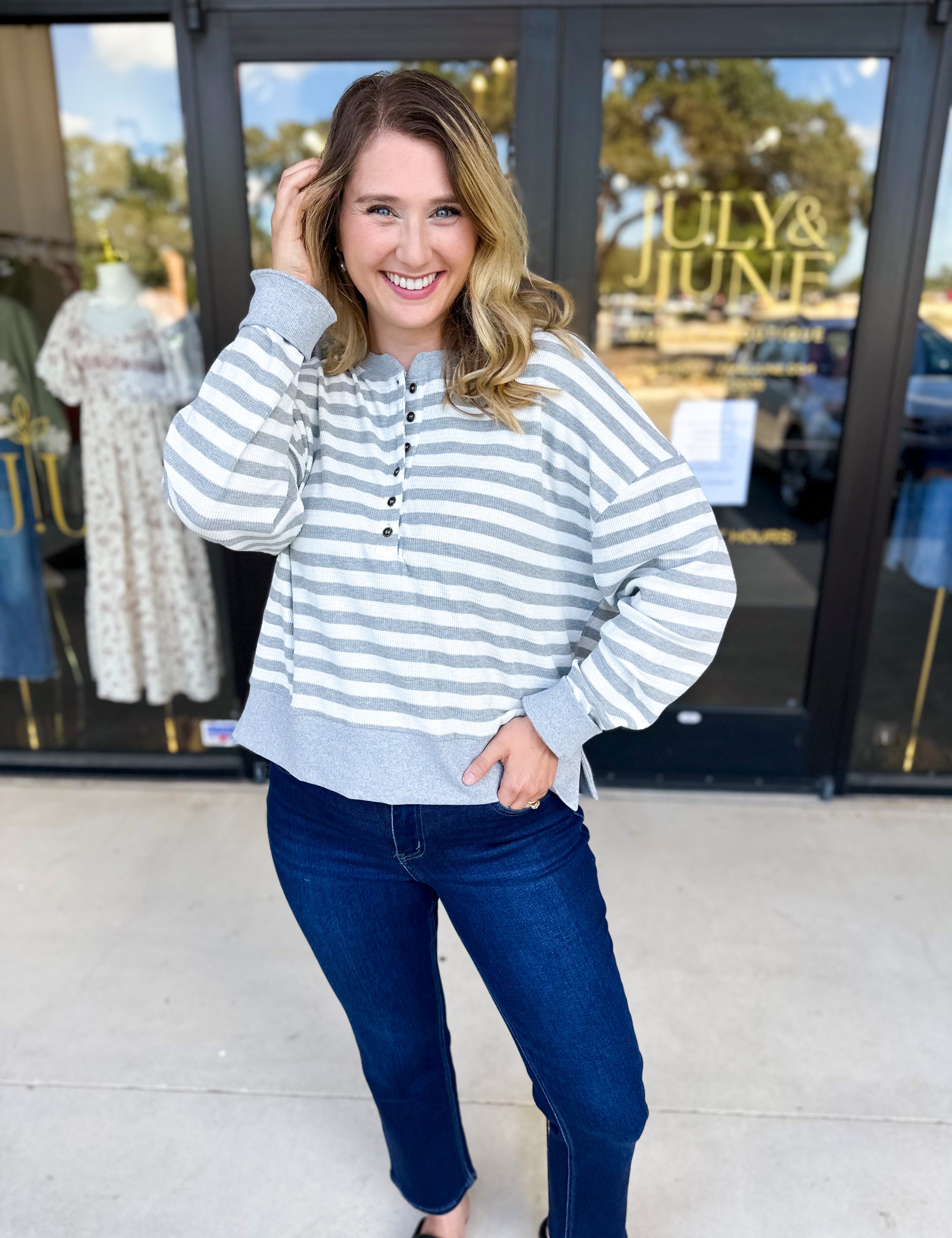 Casual Cool Henley Long Sleeve - Light Grey-210 Casual Blouses-POLOGRAM-July & June Women's Fashion Boutique Located in San Antonio, Texas