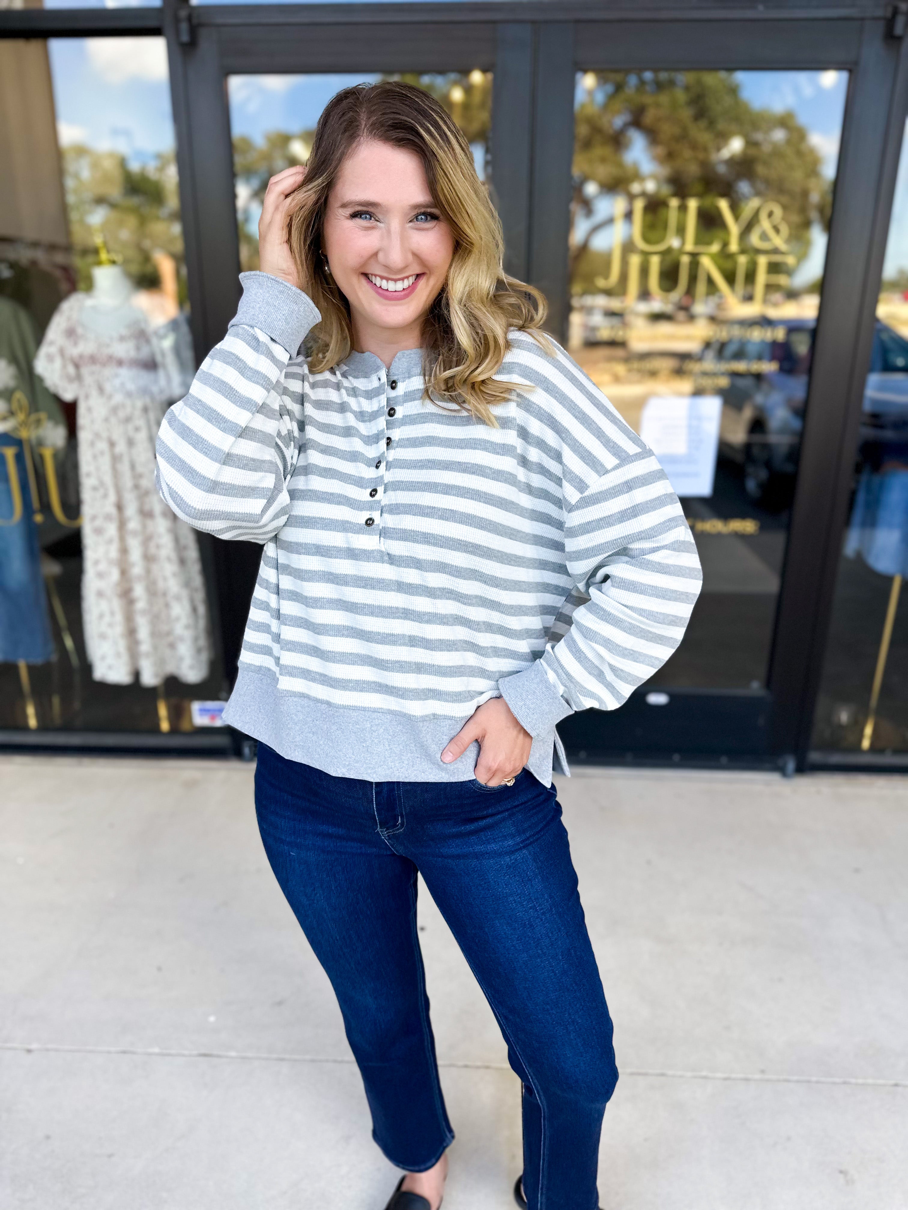 Casual Cool Henley Long Sleeve - Light Grey-210 Casual Blouses-POLOGRAM-July & June Women's Fashion Boutique Located in San Antonio, Texas