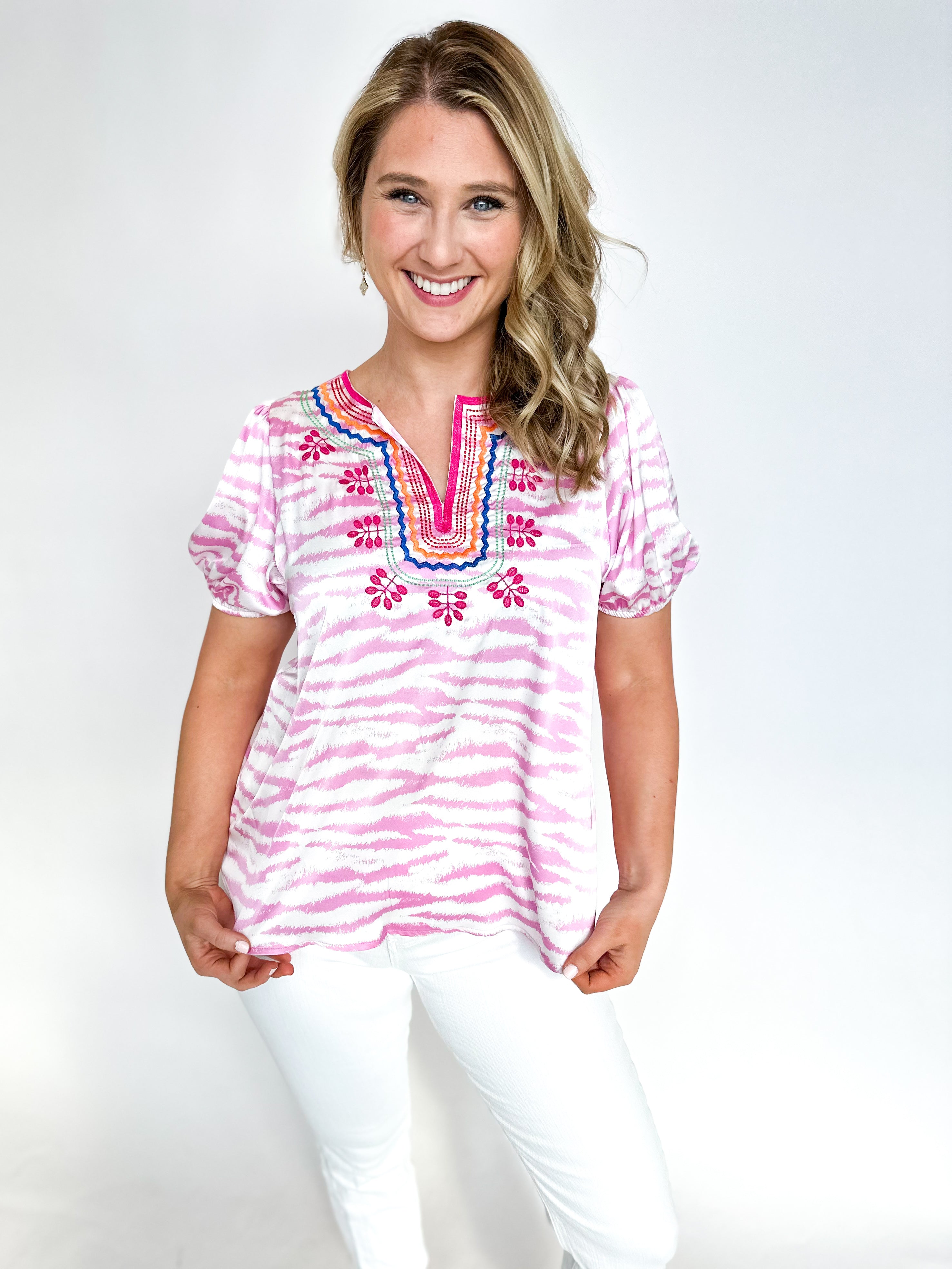 Pink Embroidered Animal Print Blouse-200 Fashion Blouses-JODIFL-July & June Women's Fashion Boutique Located in San Antonio, Texas
