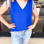 Elevated Shoulder Tie Tank- Cobalt Blue-200 Fashion Blouses-SKIES ARE BLUE-July & June Women's Fashion Boutique Located in San Antonio, Texas