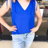 Elevated Shoulder Tie Tank- Cobalt Blue-200 Fashion Blouses-SKIES ARE BLUE-July & June Women's Fashion Boutique Located in San Antonio, Texas