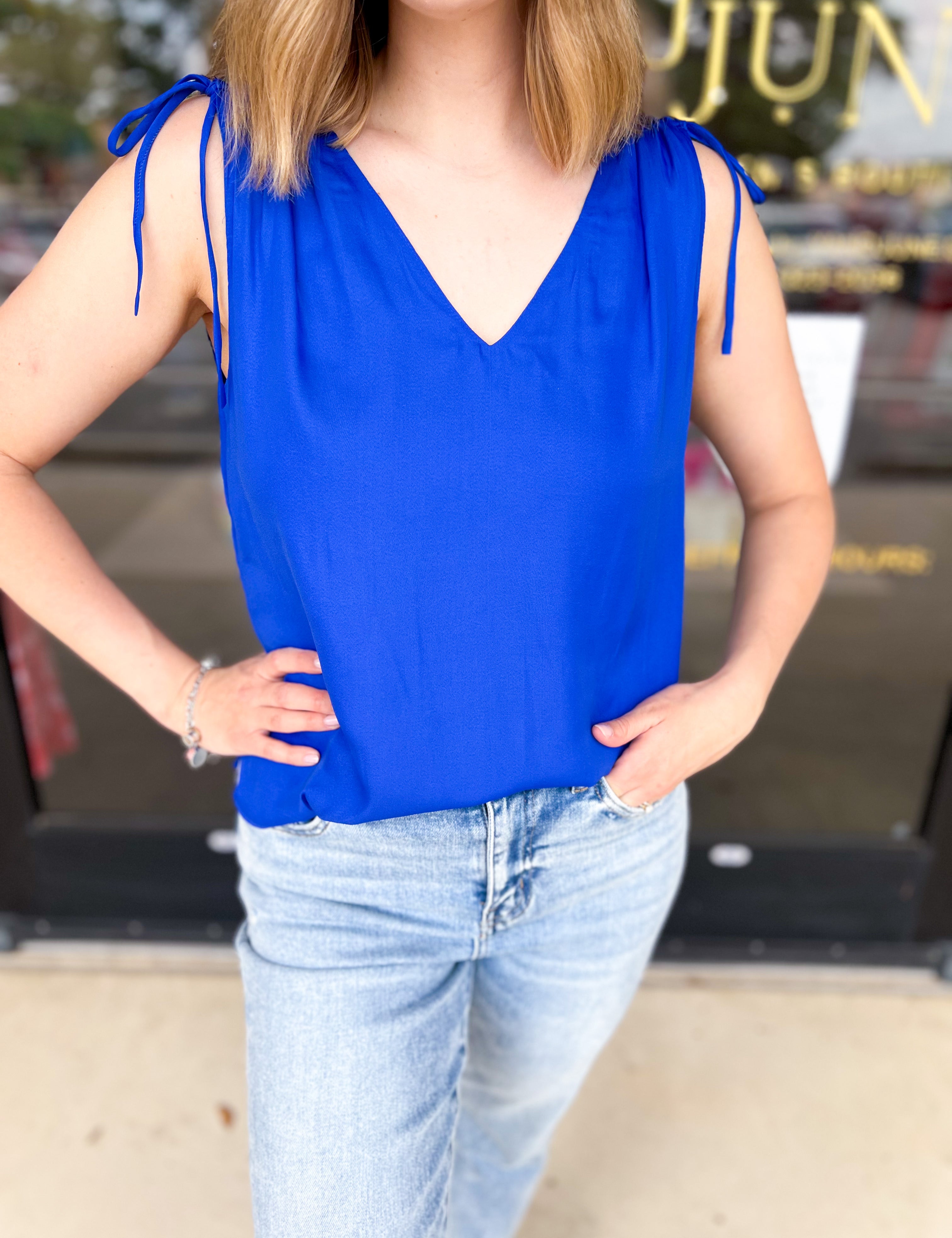 Elevated Shoulder Tie Tank- Cobalt Blue-200 Fashion Blouses-SKIES ARE BLUE-July & June Women's Fashion Boutique Located in San Antonio, Texas