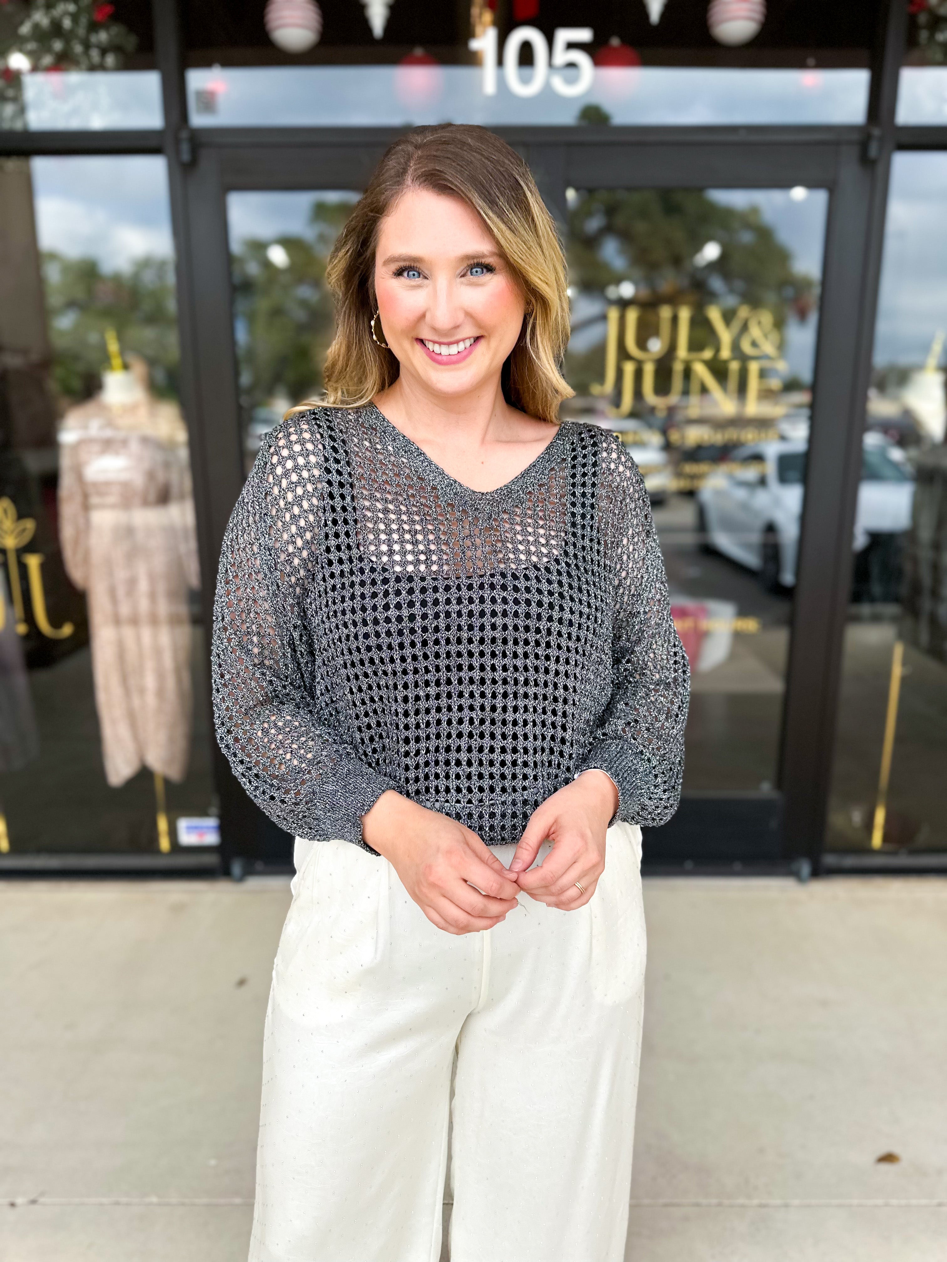 Foil Knit Sweater Top - Black Silver-230 Sweaters/Cardis-ALLIE ROSE-July & June Women's Fashion Boutique Located in San Antonio, Texas