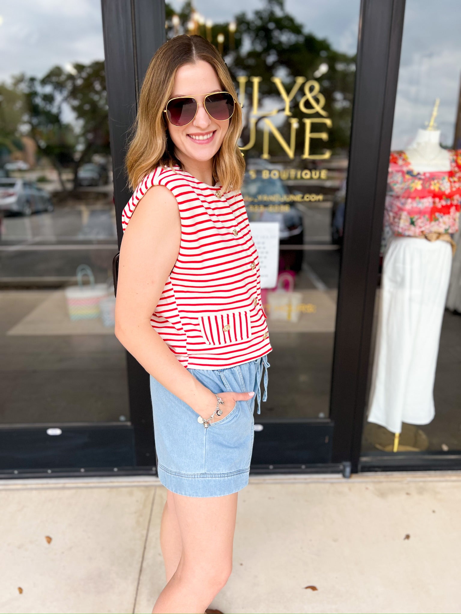 Trendy Red Stripe Vest-200 Fashion Blouses-ENTRO-July & June Women's Fashion Boutique Located in San Antonio, Texas