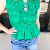Kelly Green Tied Up Blouse-200 Fashion Blouses-PINCH-July & June Women's Fashion Boutique Located in San Antonio, Texas