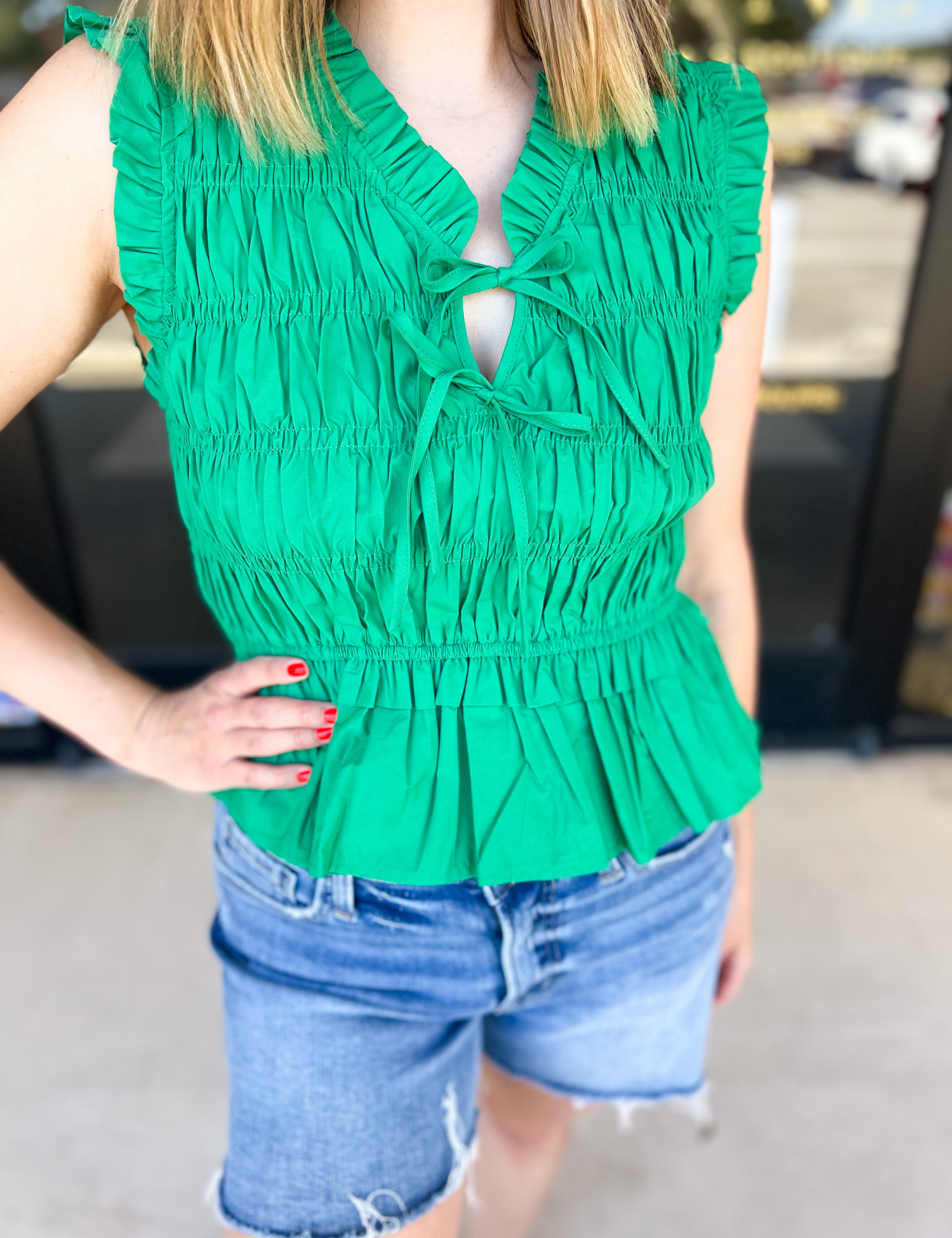Kelly Green Tied Up Blouse-200 Fashion Blouses-PINCH-July & June Women's Fashion Boutique Located in San Antonio, Texas