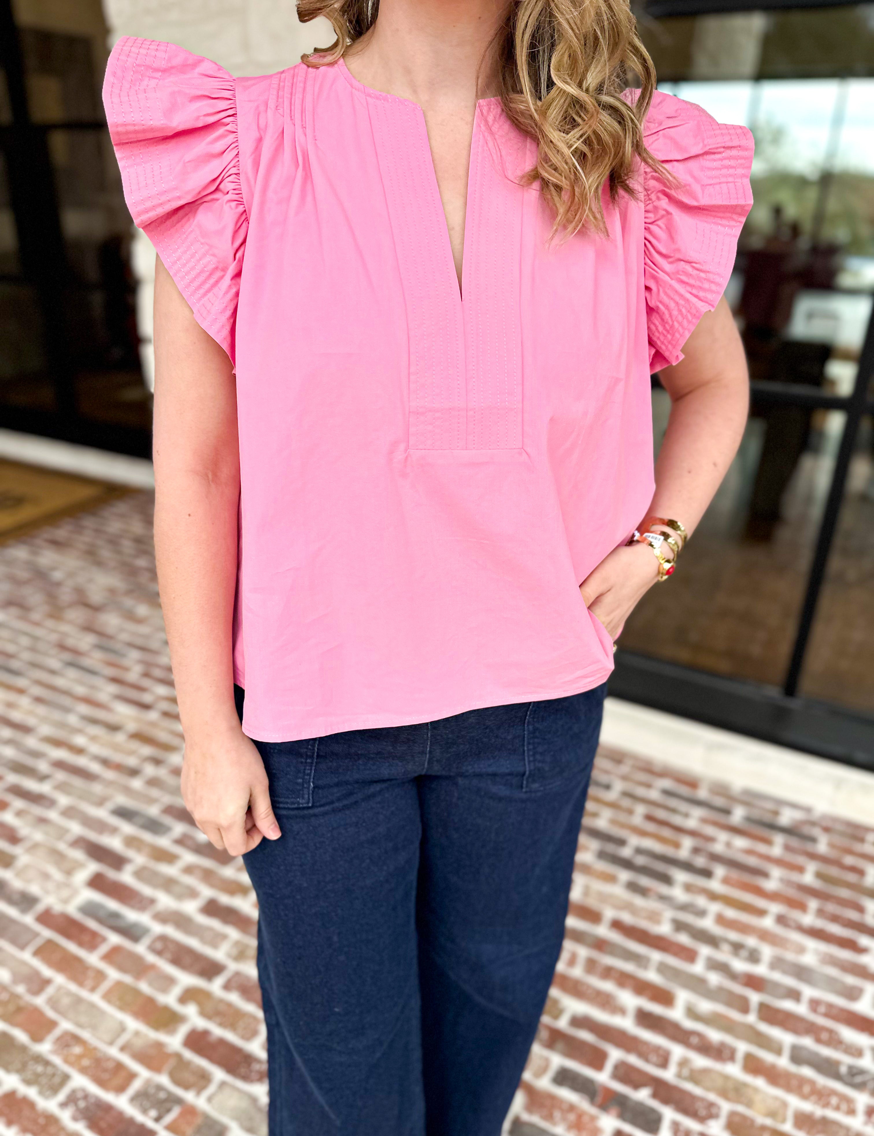 Flutter Sleeve Poplin Blouse - Pink-200 Fashion Blouses-STRUT & BOLT-July & June Women's Fashion Boutique Located in San Antonio, Texas