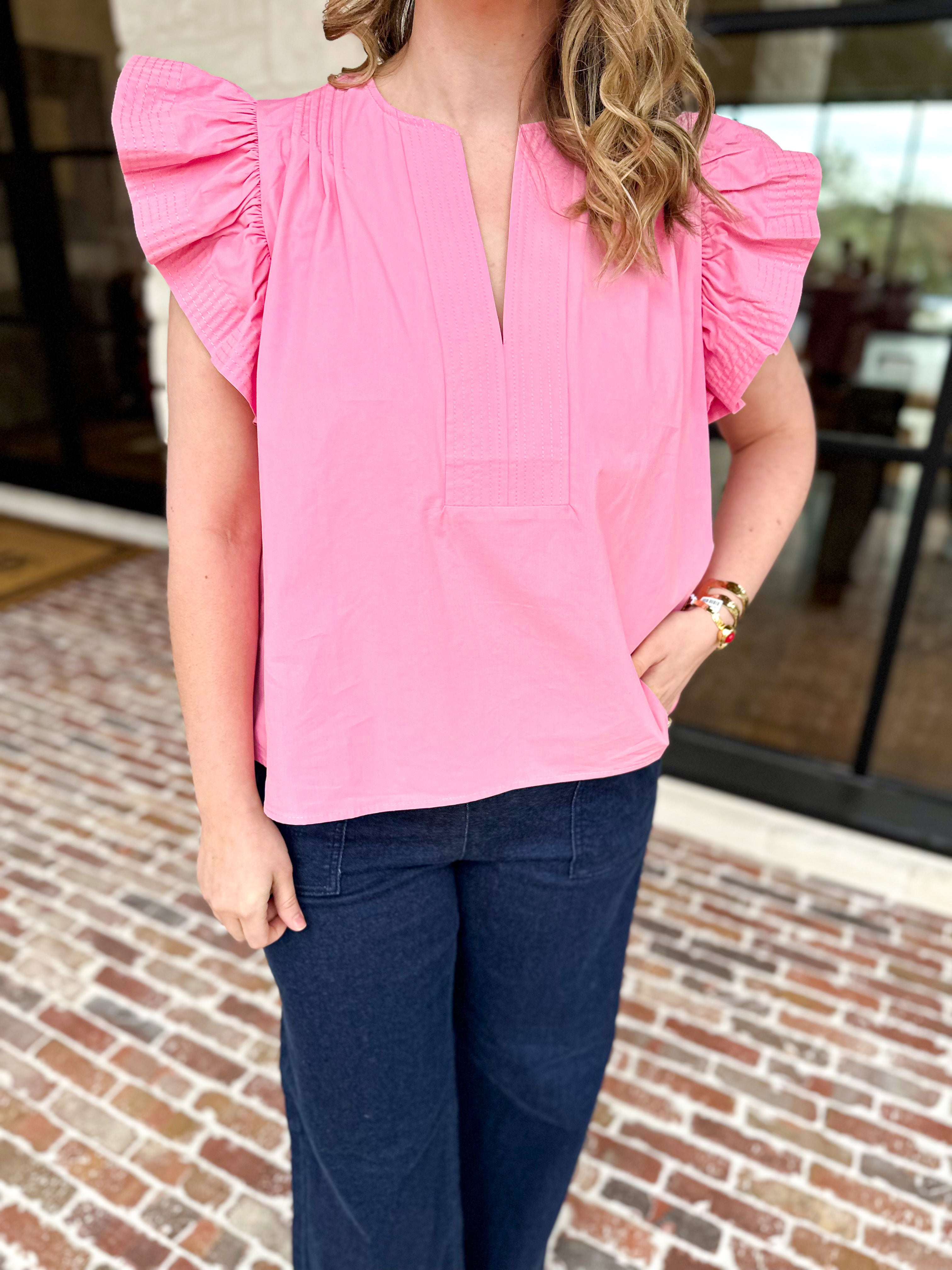 Flutter Sleeve Poplin Blouse - Pink-200 Fashion Blouses-STRUT & BOLT-July & June Women's Fashion Boutique Located in San Antonio, Texas