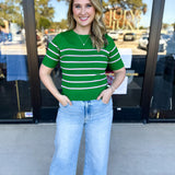 Short Sleeve Stripped Sweater Top - Kelly Green & Pink-230 Sweaters/Cardis-ALLIE ROSE-July & June Women's Fashion Boutique Located in San Antonio, Texas