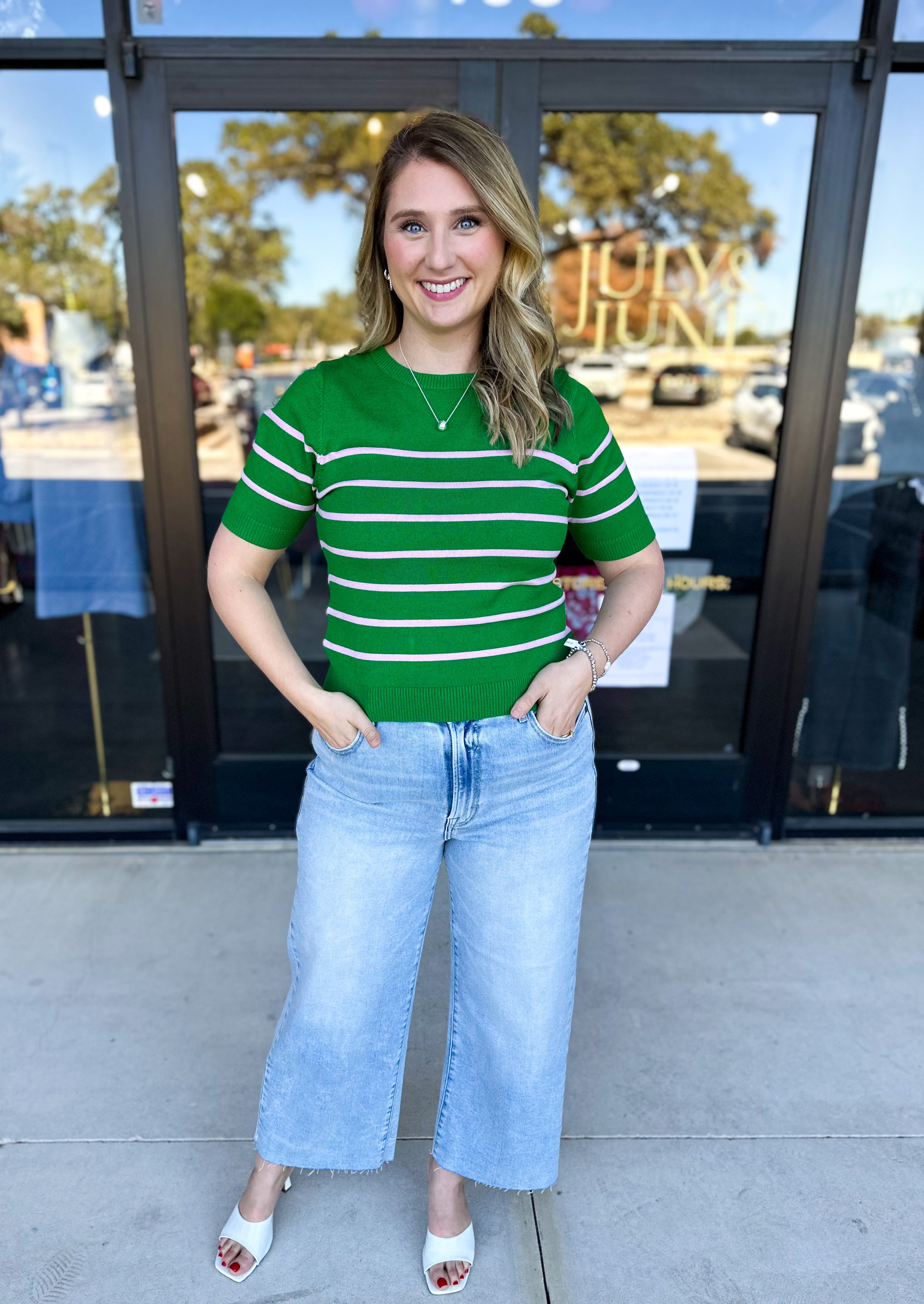 Short Sleeve Stripped Sweater Top - Kelly Green & Pink-230 Sweaters/Cardis-ALLIE ROSE-July & June Women's Fashion Boutique Located in San Antonio, Texas